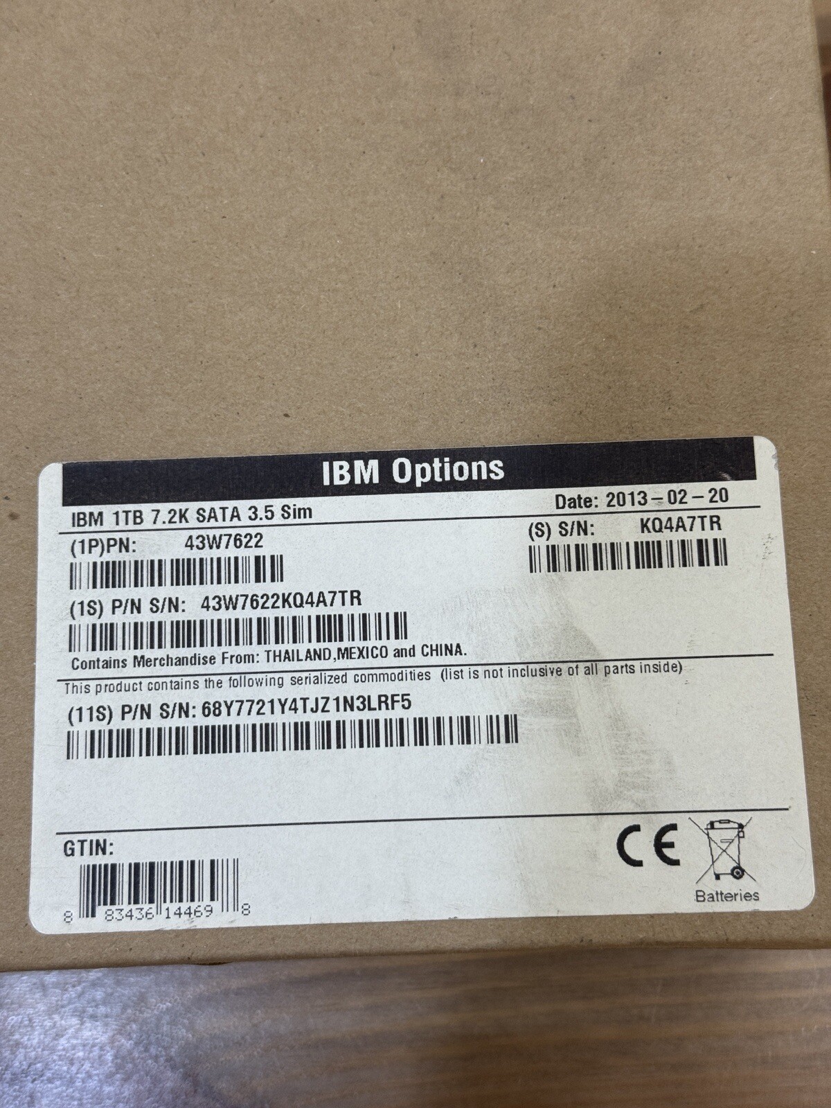 IBM 43W7622 1TB 7200 RPM SATA 3.0Gb/s 3.5″ Swap Hard Disk, NEW