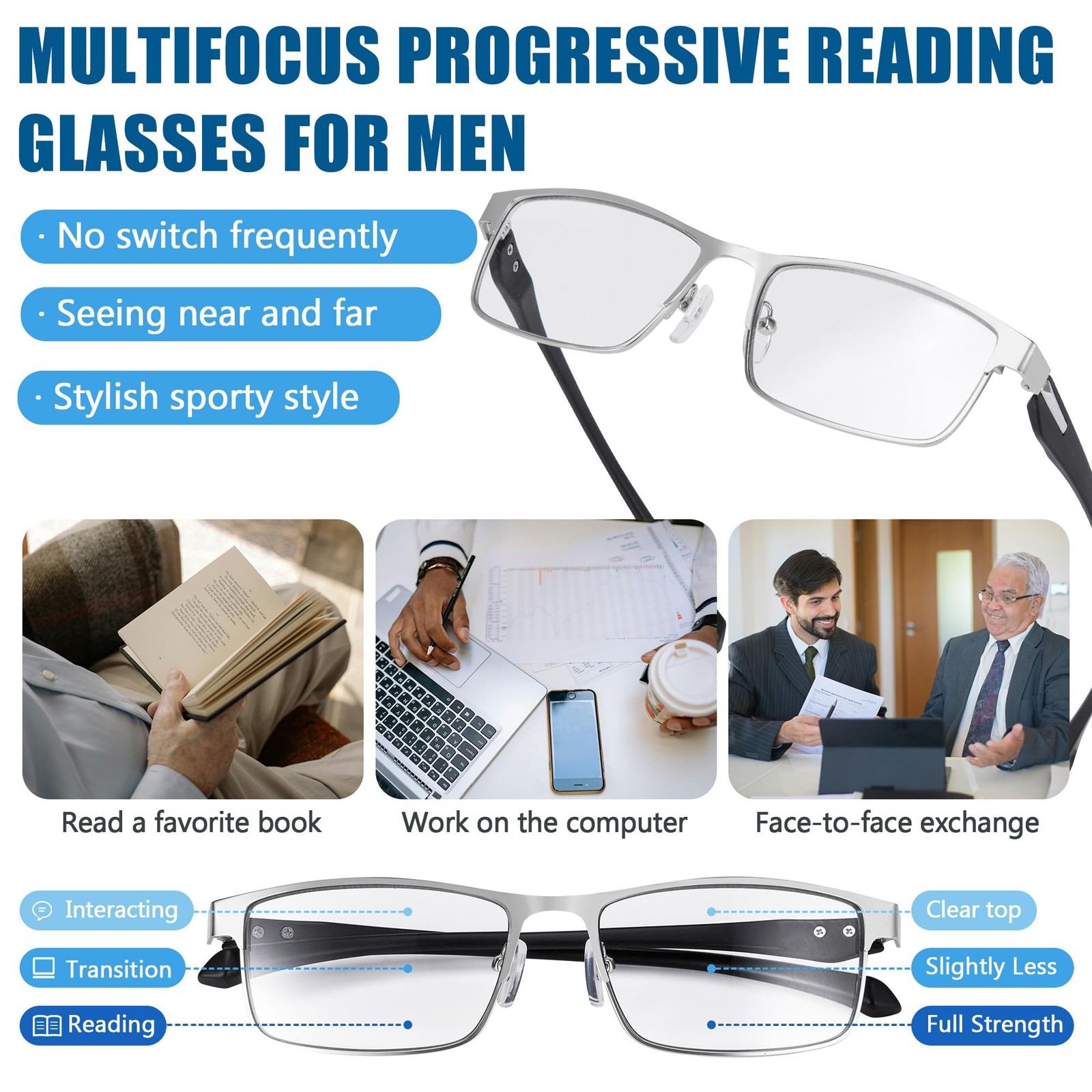 GHDBFMB Photochromic Progressive Reading Glasses Clear Top TR90 Transition Re…