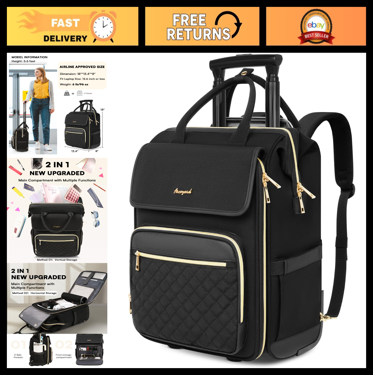 Travel Rolling Laptop Backpack with Wheels, 2-in-1 Flip-Top Design, Water-Resist