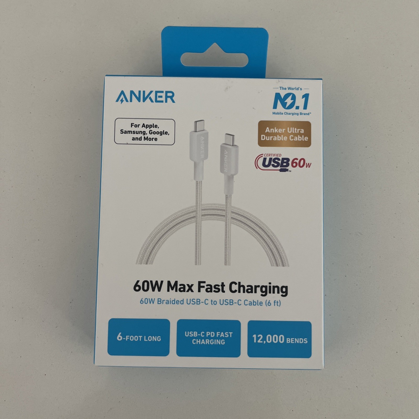 Anker 6′ 60W Braided USB-C to USB-C Max Fast Charging Cable – White