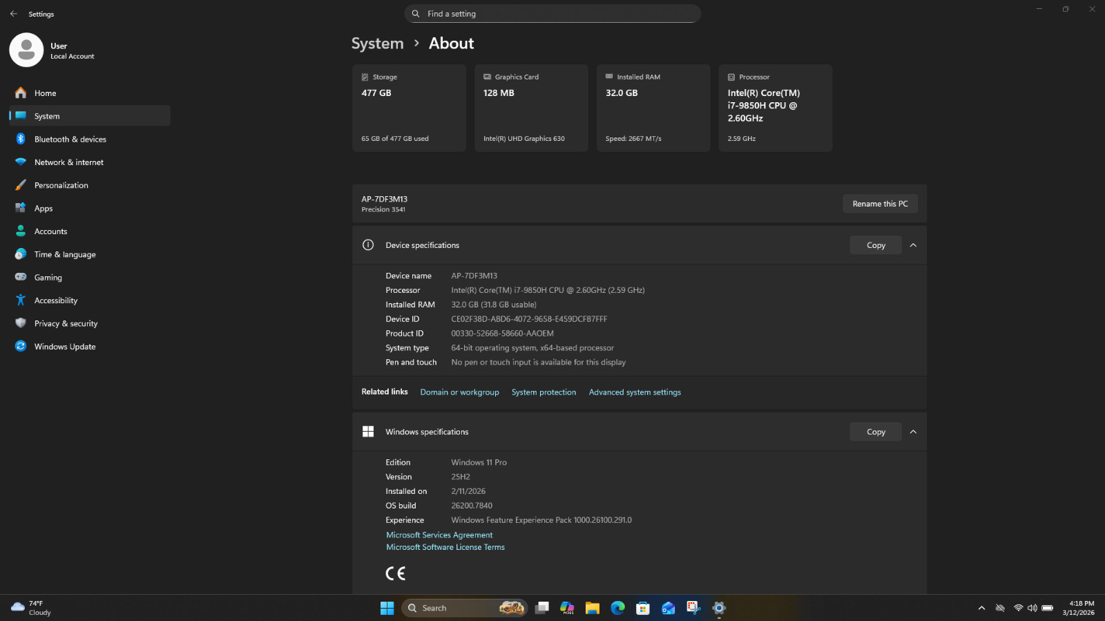 Dell Precision 3541 Mobile Workstation Intel(R) Core(TM)i7-9850H CPU @2.6 GHz 46
