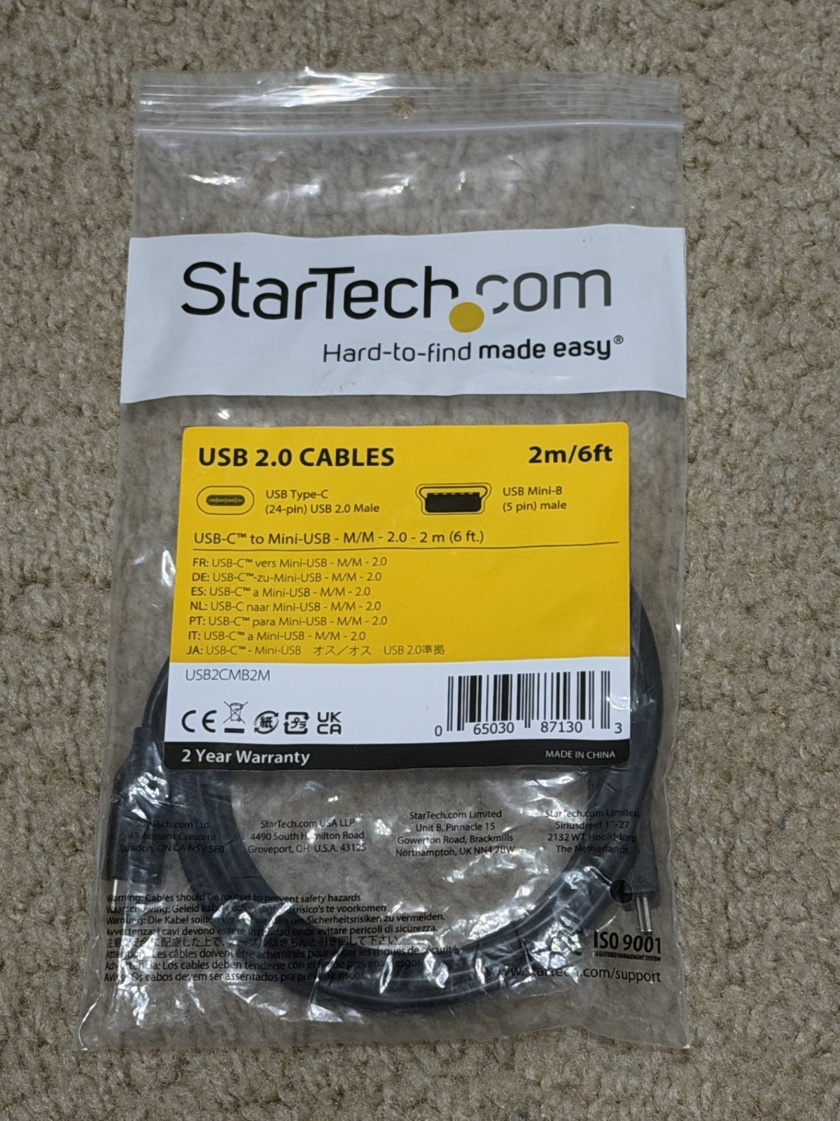 Startech.com USB-C to Mini-USB Cable – M/M 2 m (6 ft) USB 2.0 – #USB2CMB2M NEW!