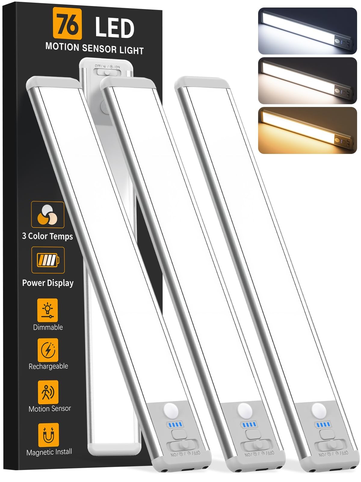 Under Cabinet Lighting Wireless, Rechargeable 10inch 10inch-3pack, Silver