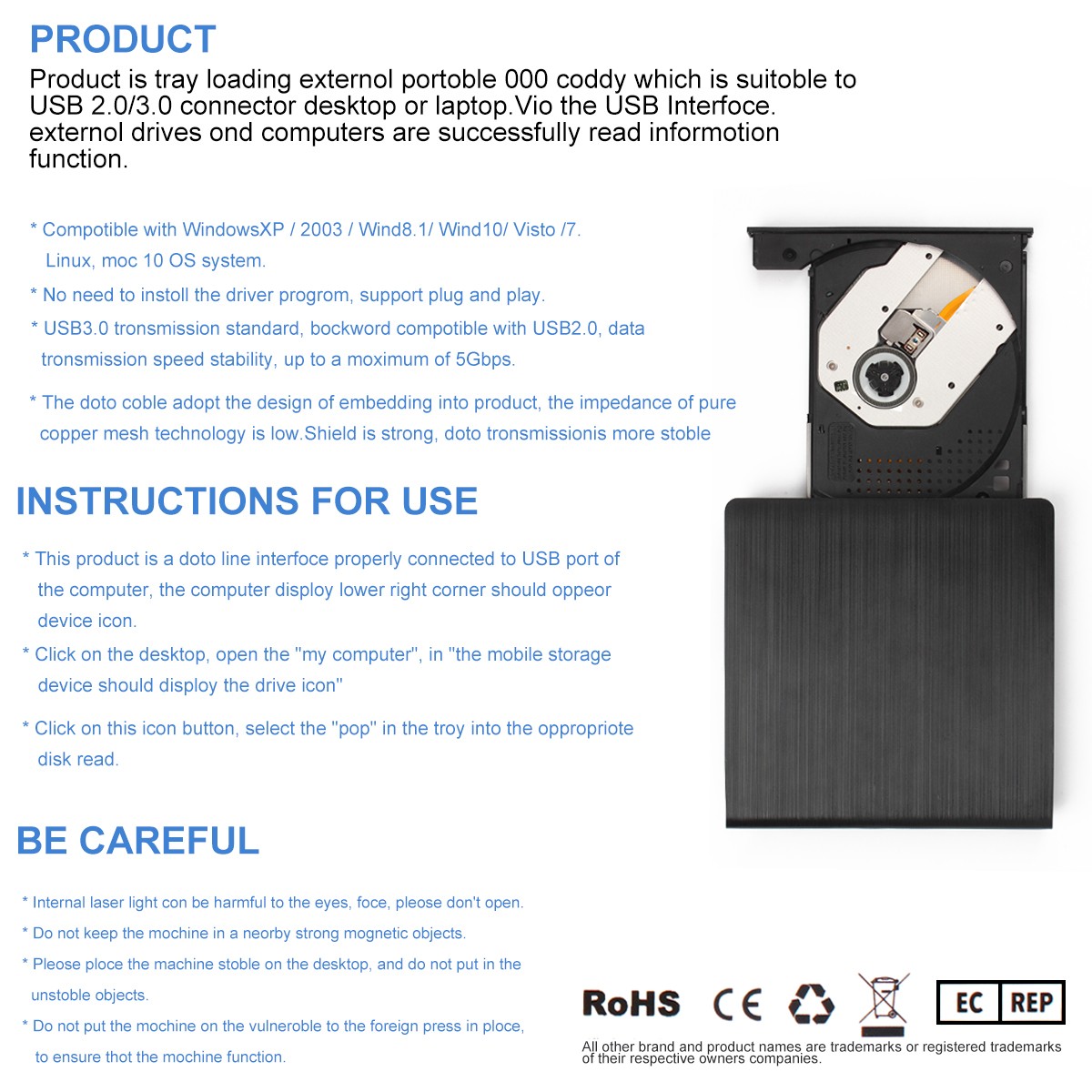 Slim External USB3.0 CD DVD RW Drive Writer Burner Reader for Laptop PC Portable