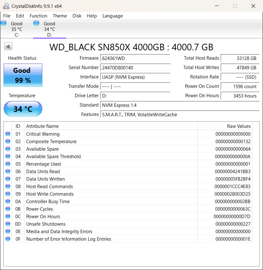 Western Digital WDS400T2X0E-00BCA0 M.2 2280 NVMe Gen4 WD BLACK SN850X 4TB