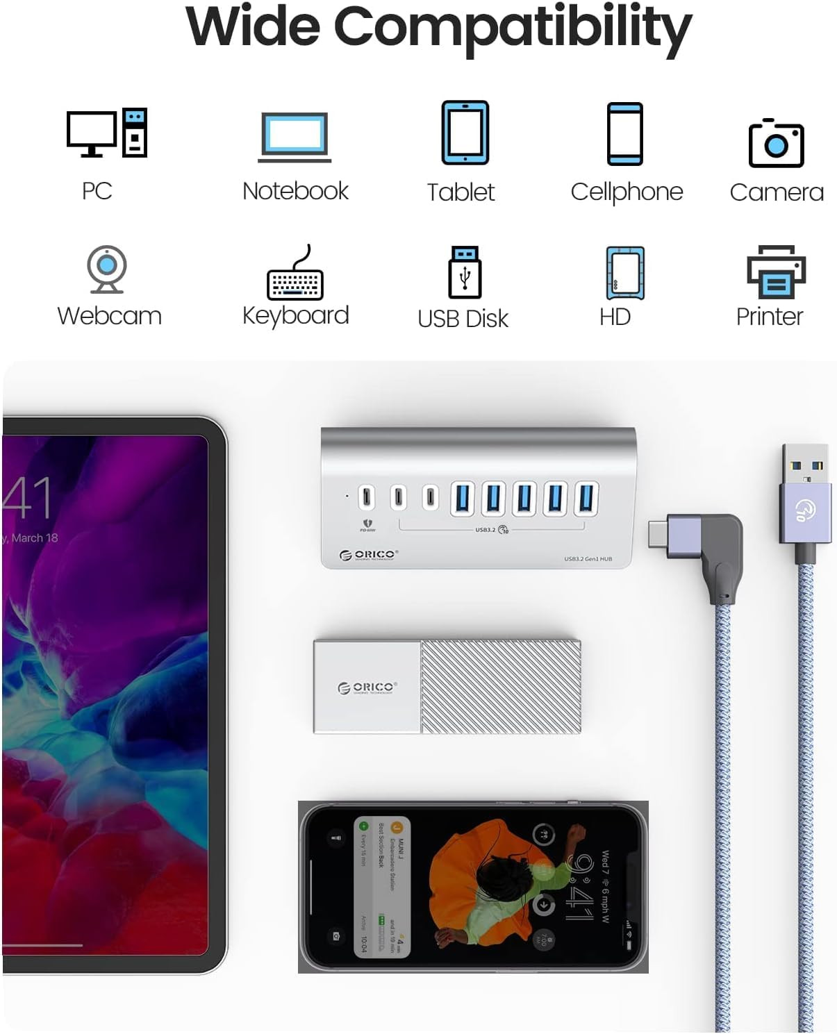7-Port USB 3.2 Gen2 Hub, Powered USB 3.2 Hub with 4 USB-A, 2 USB-C, PD 60W, 72W