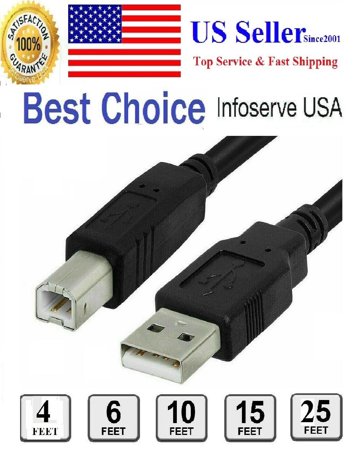 USB2.0 Printer Cable1Ft,4,10,15,25ft USB 2.0 Printer A Male to B Male HP/Epson