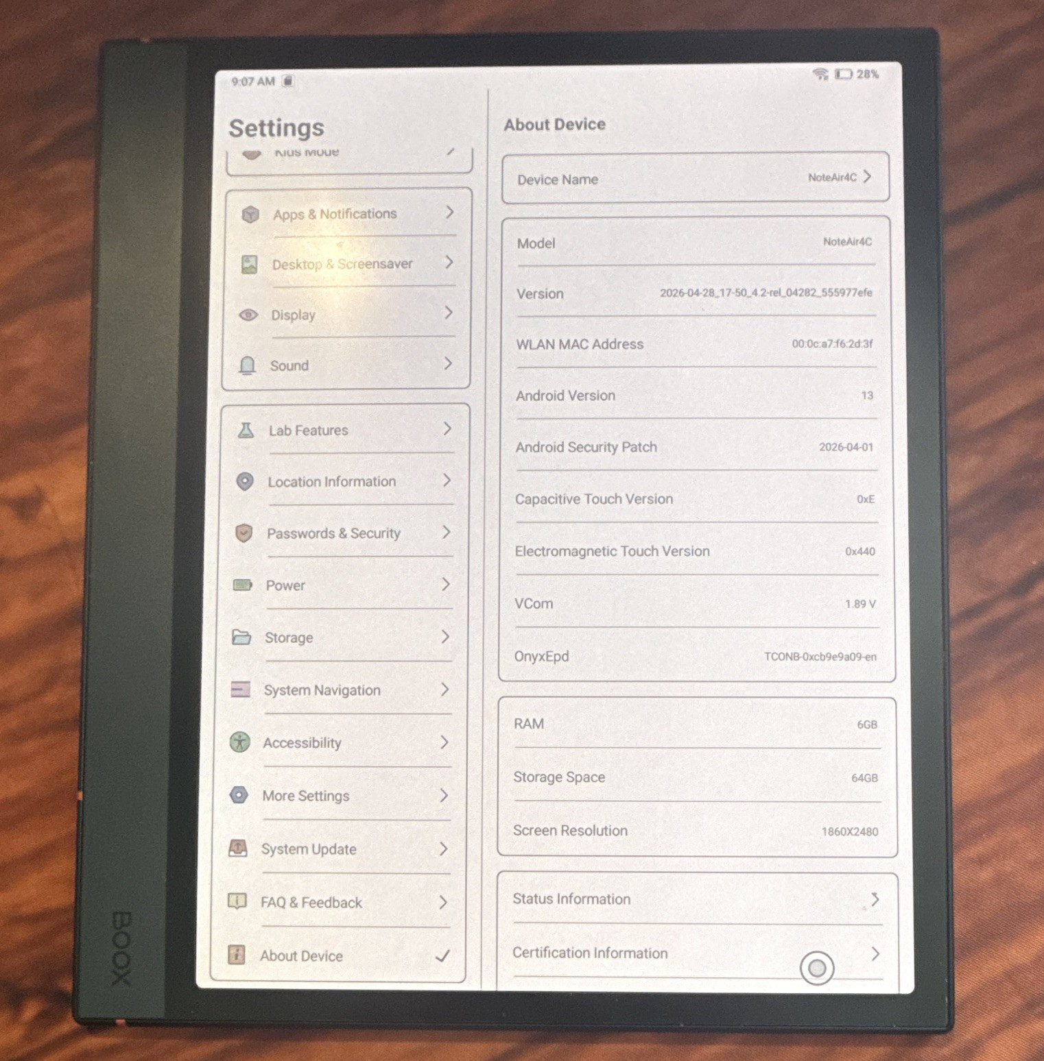 BOOX NoteAir4C 10.3in 64GB Wi-Fi Android 6GB RAM Black 1860×2480