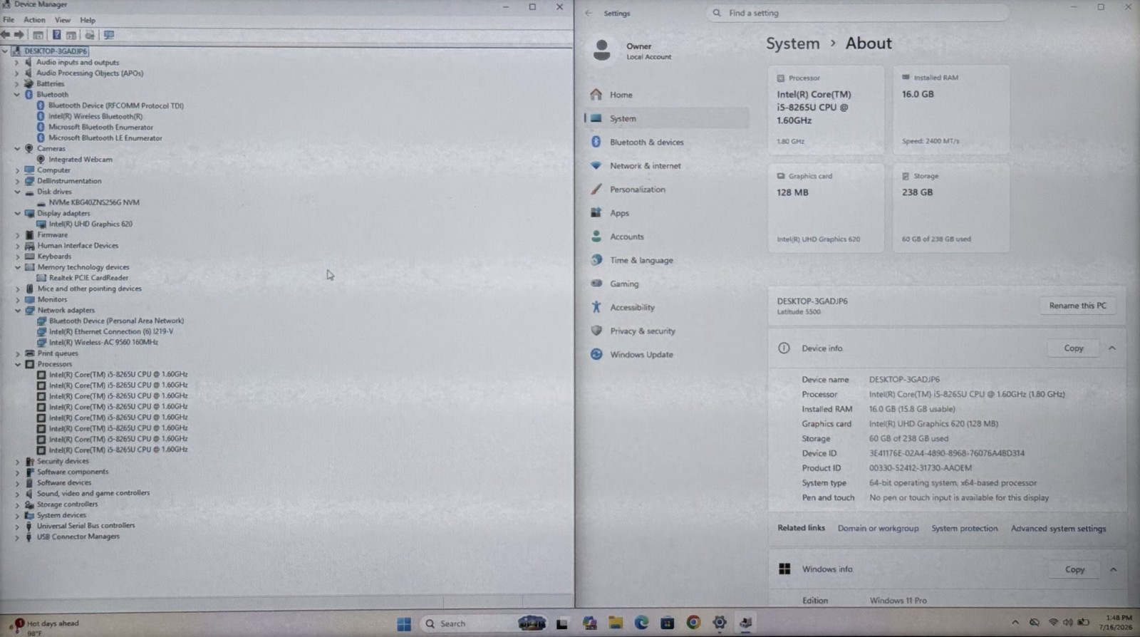 Dell Latitude 5500 15.6″ FHD i5 8265U 1.6 GHz 16Gb Ram 256 GB NVMe Win11 Pro