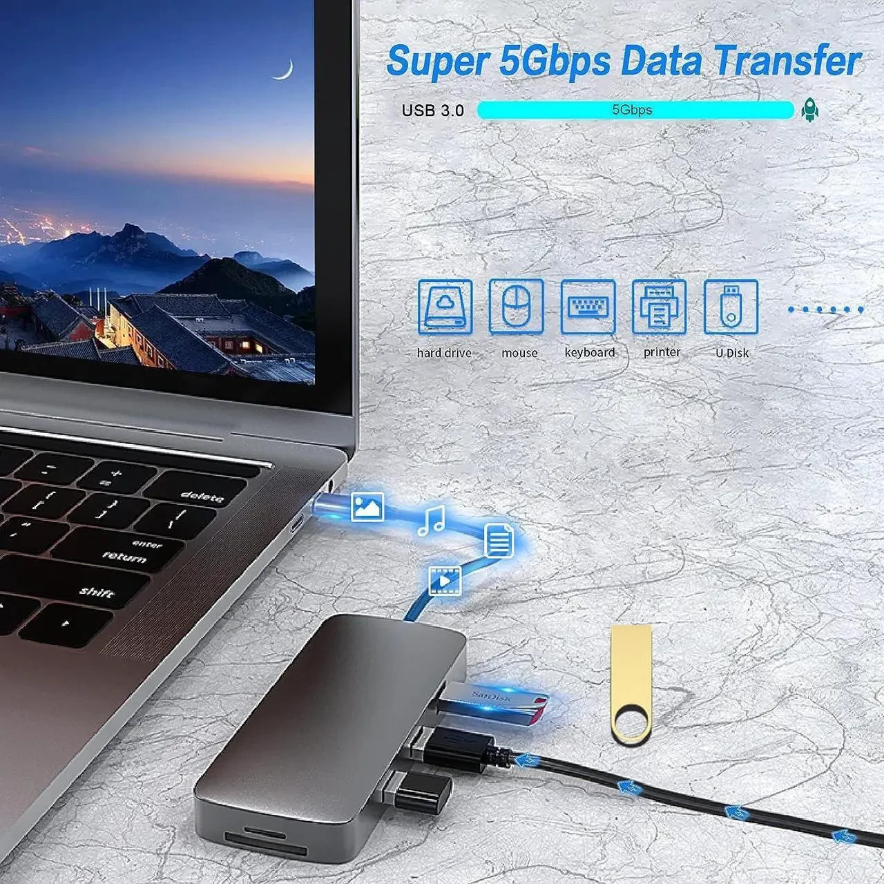 10 In 1 Multiport HUB USB-C Adapter HDMI VGA USB 3.0 RJ45 SD TF Card Audio Jack