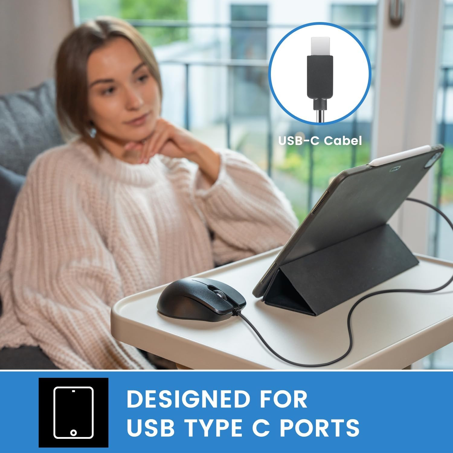 PERIMICE-221C USB Type C Wired Ergonomic Mouse – 4.9 Ft Cable – Optical 1200 DPI