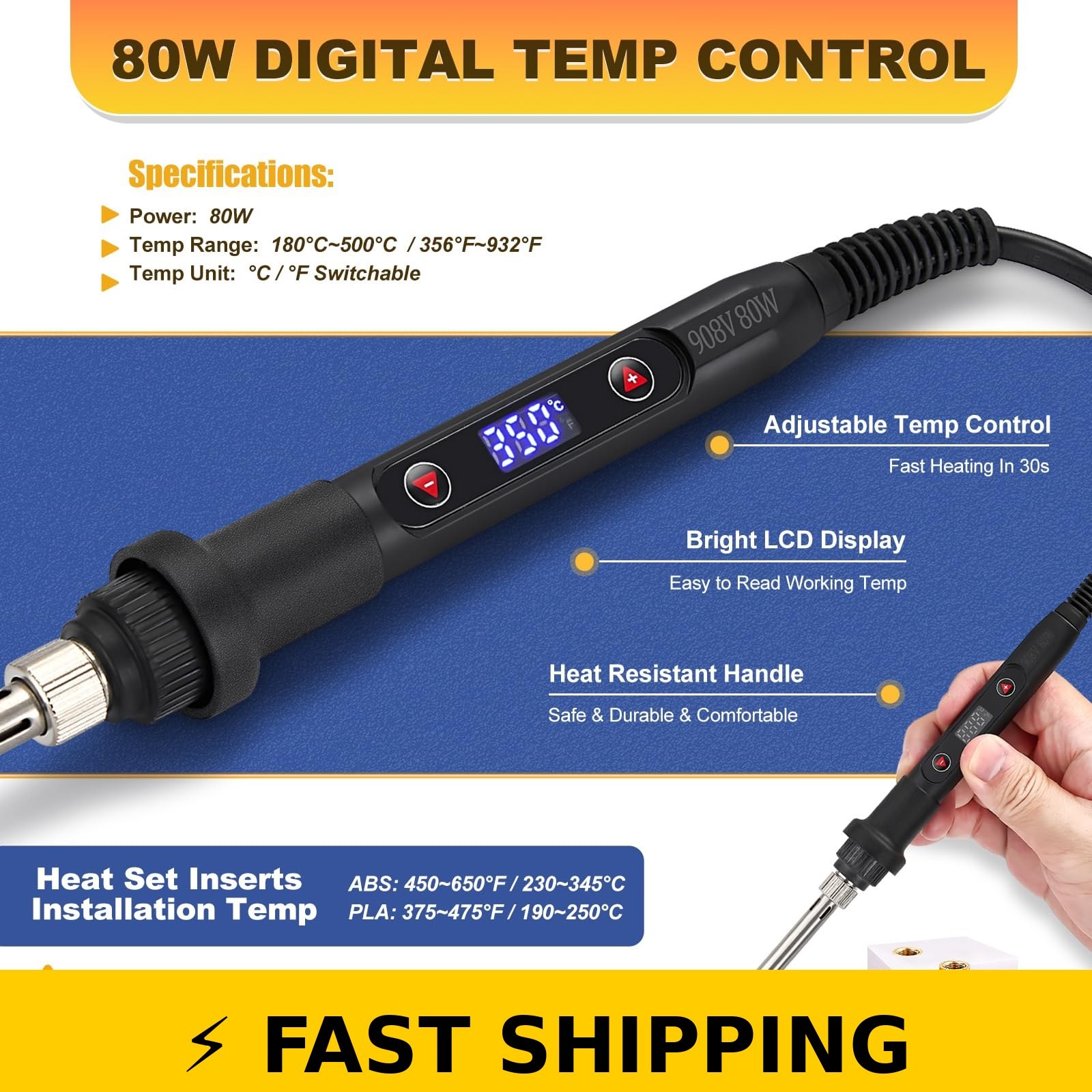 Kadrick 80W Soldering Iron Heat Set Insert Tool Kit for 3D Printing