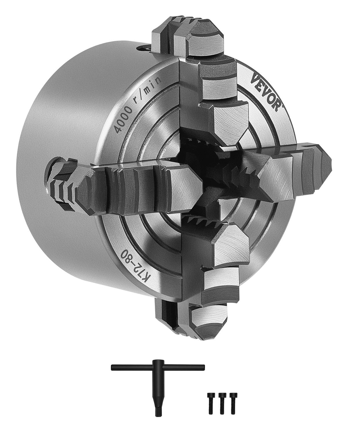 4-Jaw Lathe Chuck, 3 Inch (80 mm), 4-Jaw Independent Chuck, 0.1-3.15 in (5-80 mm