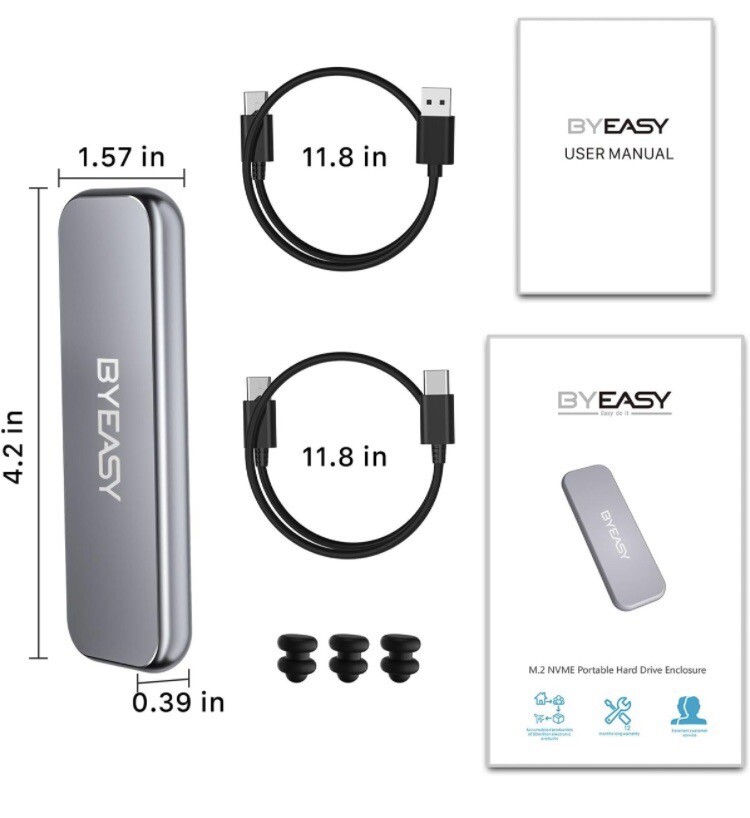 BYEASY M.2 NVMe SSD Enclosure Adapter USB 3.1 GEN 2 with USB C 3 up to 10Gbps