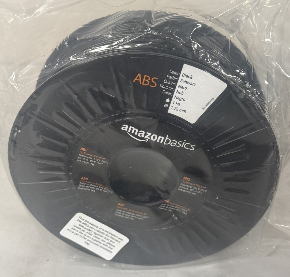 Amazon Basics ABS 3D Printer Filament, 1.75mm, Black, 1kg Spool