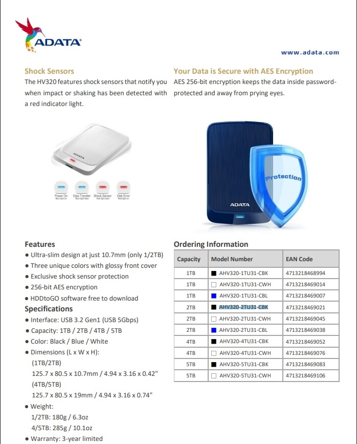 ADATA HV320 External Portable HDD, ‎2TB USB 3.1 2.5inch, UltraSlim NEW