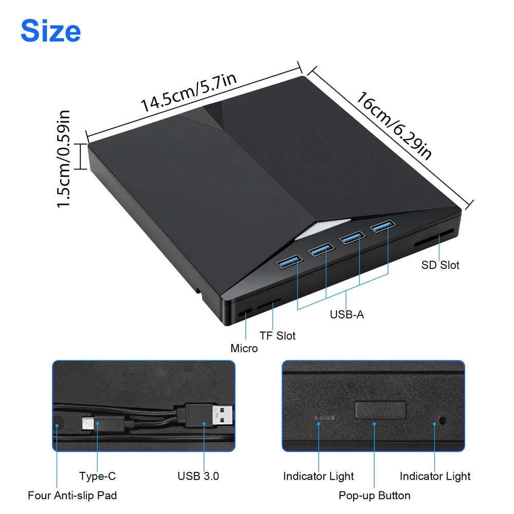 External CD DVD Drive for PC Laptop Windows 10 11 USB 3.0 Burner Reader Writer