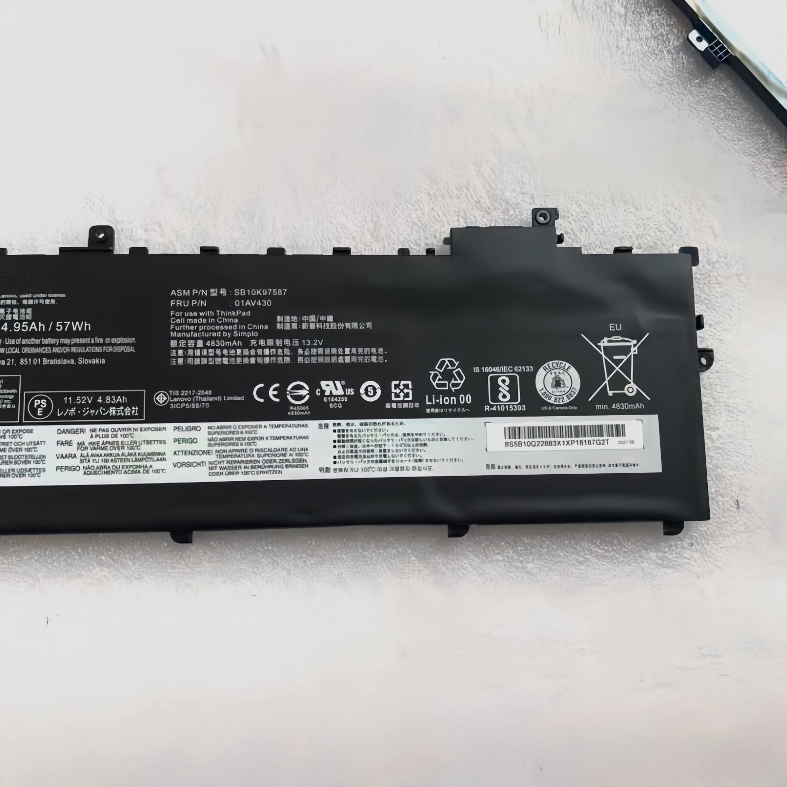 Genuine 01AV430 Battery for Lenovo ThinkPad X1 Carbon 2017/2018 SB10K97587 57WH