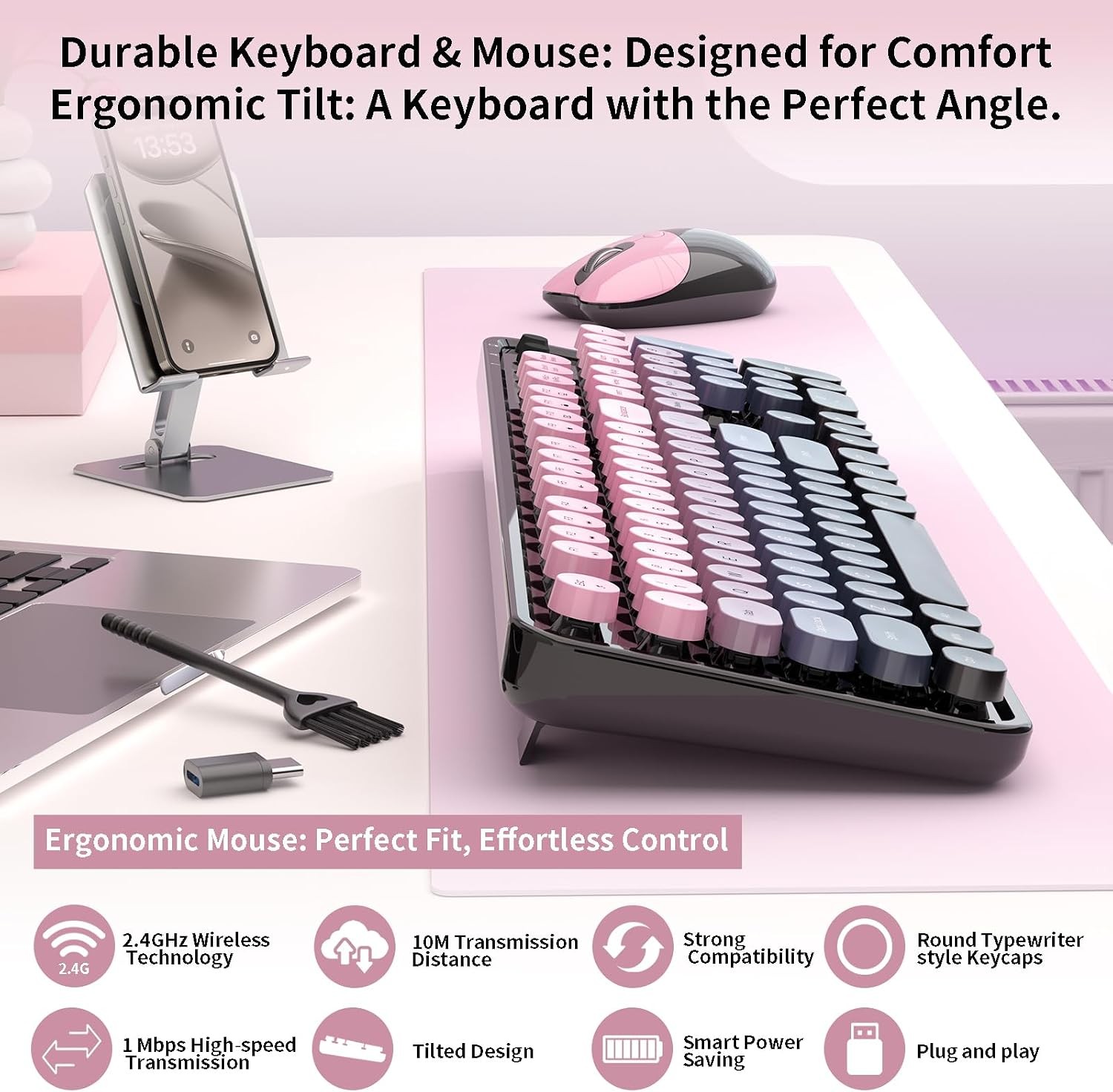 Full-size Wireless Keyboard and Mouse Bundle with OTG & Brush (Creamy)