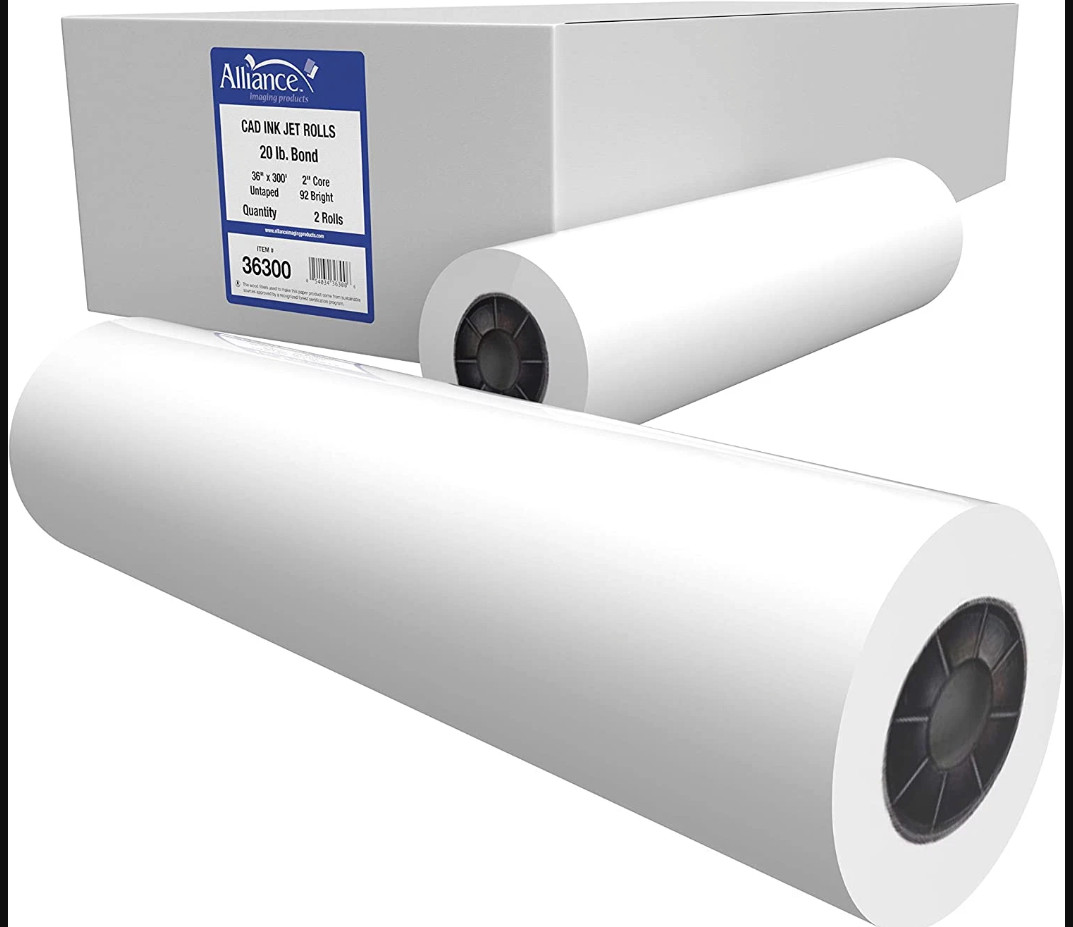 Alliance Wide Format Paper 36″x300’x2″ Bond Engineering 92 Bright 20lb. 2 Rolls