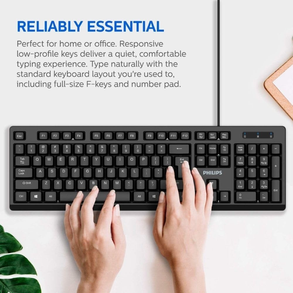 Philips USB Keyboard for Home or Office – 104/105 Quiet-Click Keys, Ergonomic, L