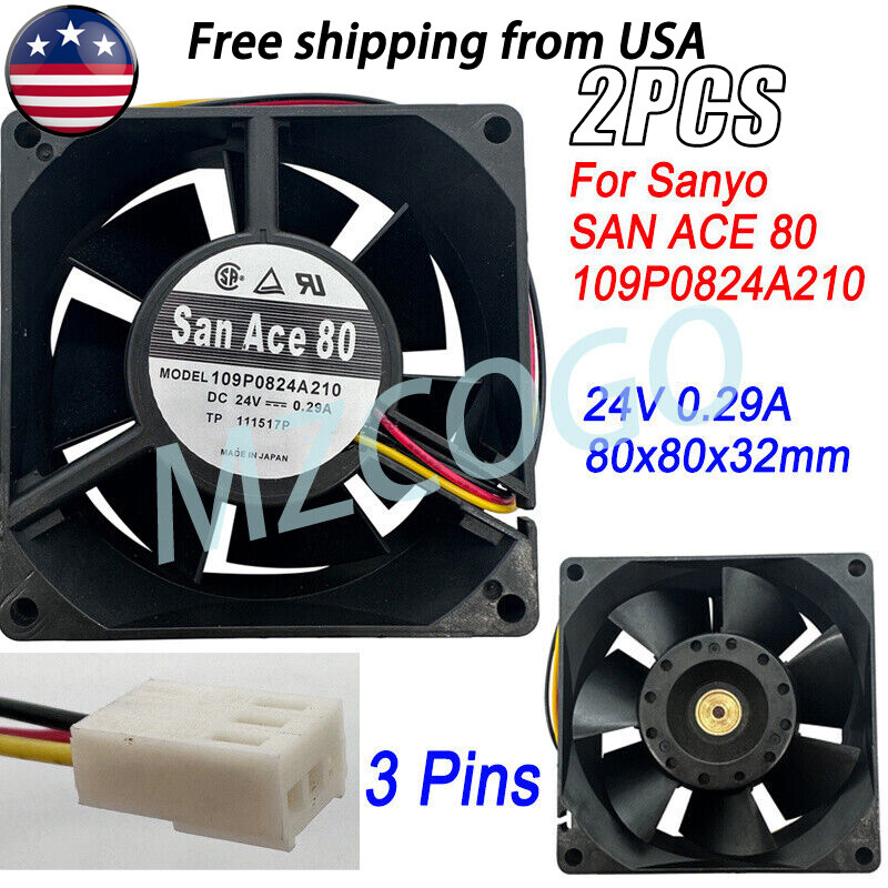 2*Cooling Fan 109P0824A210 For Sanyo SANACE80 24V 0.29A 3-Pin 3 Wires 80*80*32mm