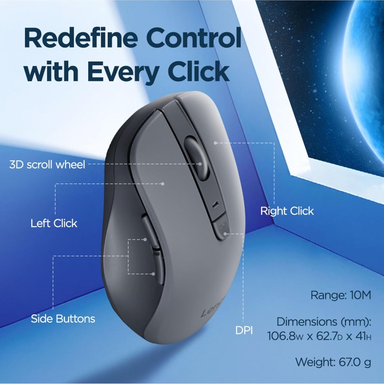 Lenovo WL310 Bluetooth Silent Mouse, Ergonomic, Adjustable DP,Grey