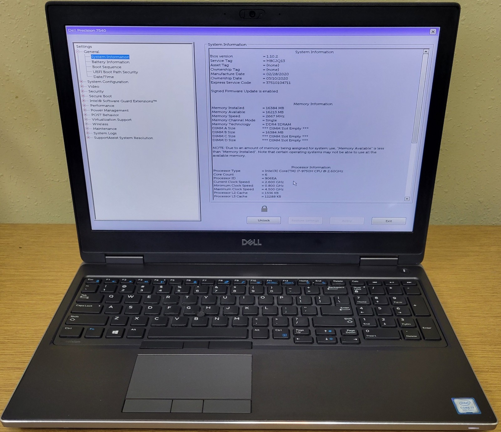 Dell Precision 7540 i7-9750H 2.60GHz 16GB 128GB Quadro T1000 No OS **BIOS LOCK**