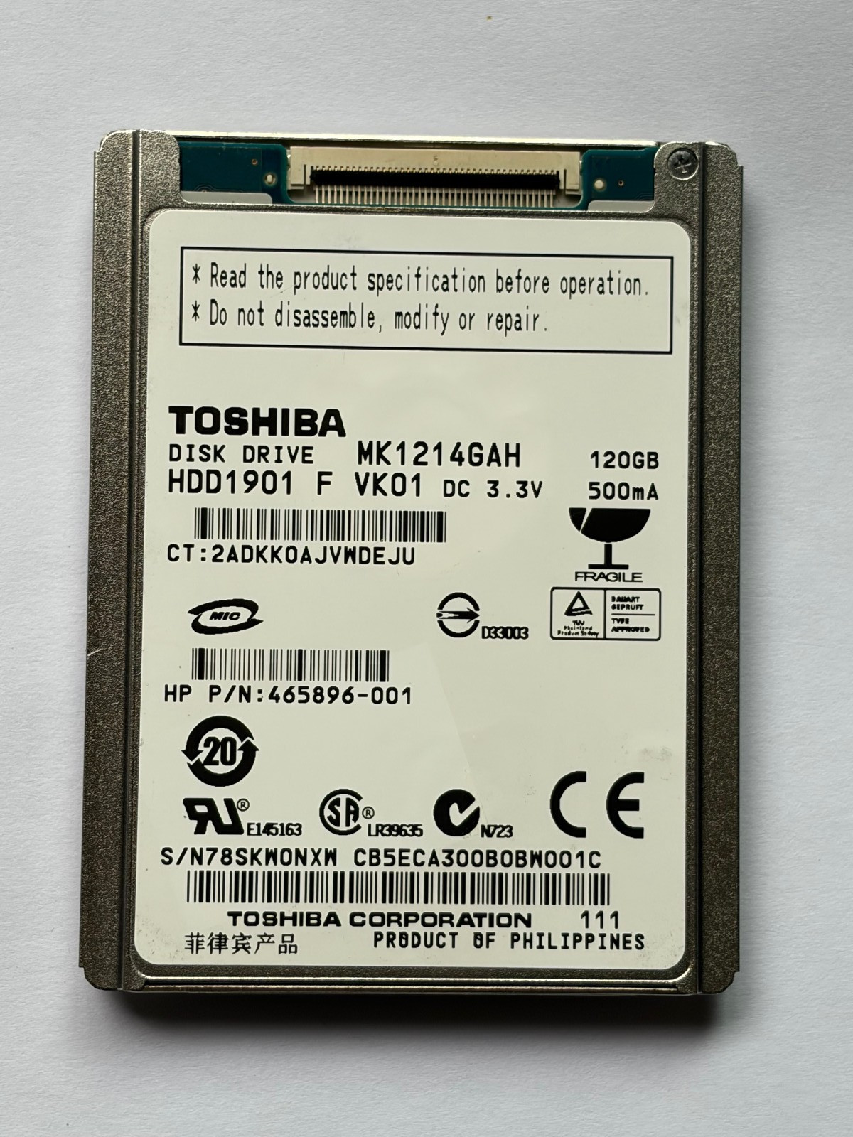Toshiba MK1214GAH 120GB 1.8″ CE ZIF hard drive for notebook/ IPOD/ Video camera