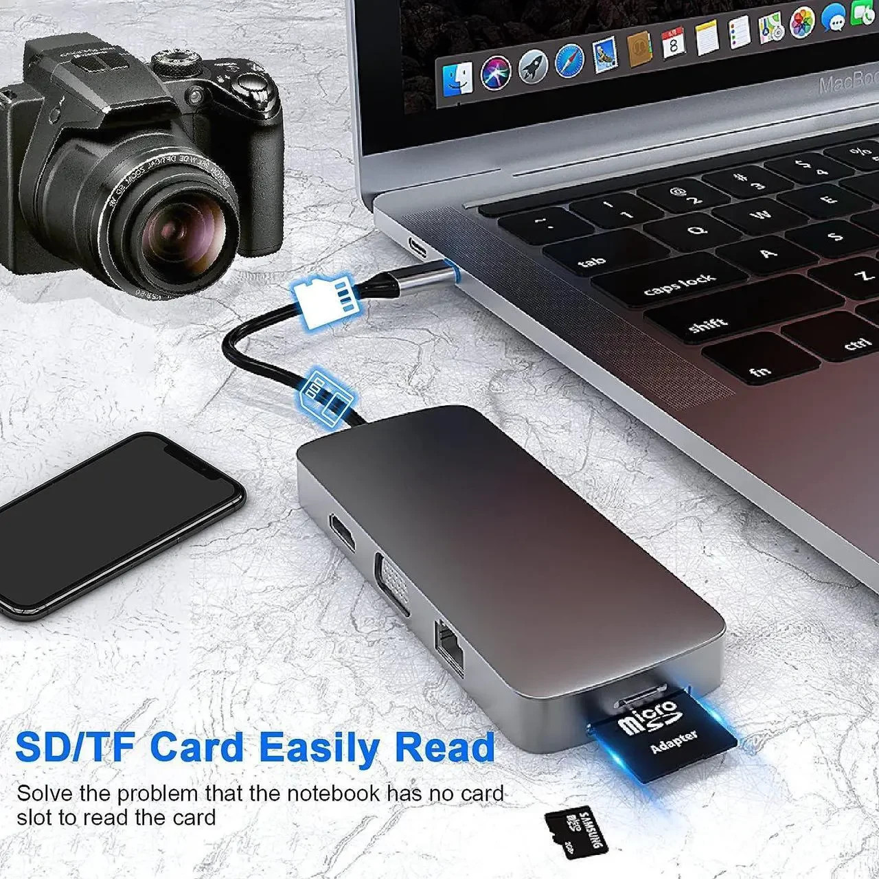 10 In 1 Multiport HUB USB-C Adapter HDMI VGA USB 3.0 RJ45 SD TF Card Audio Jack