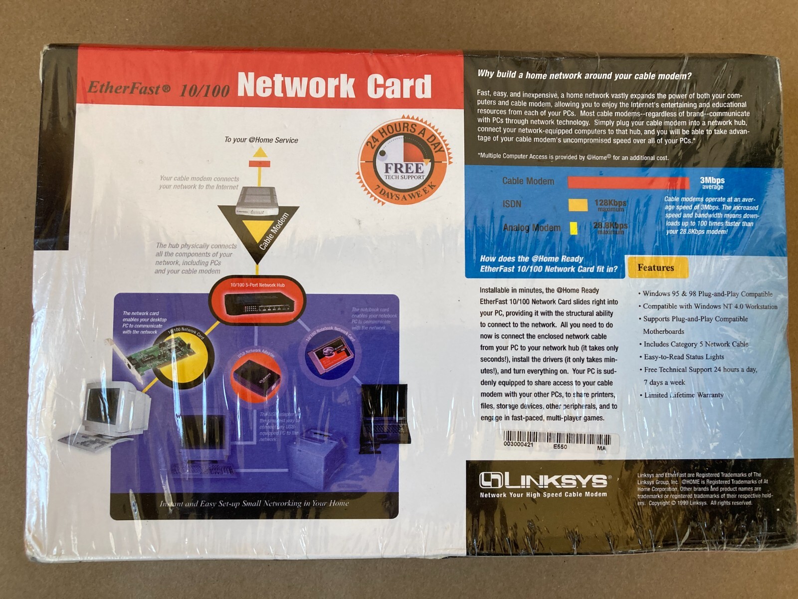 Ether Fast 10/100 Network Card @ Home Ready Linksys LH100C New Sealed