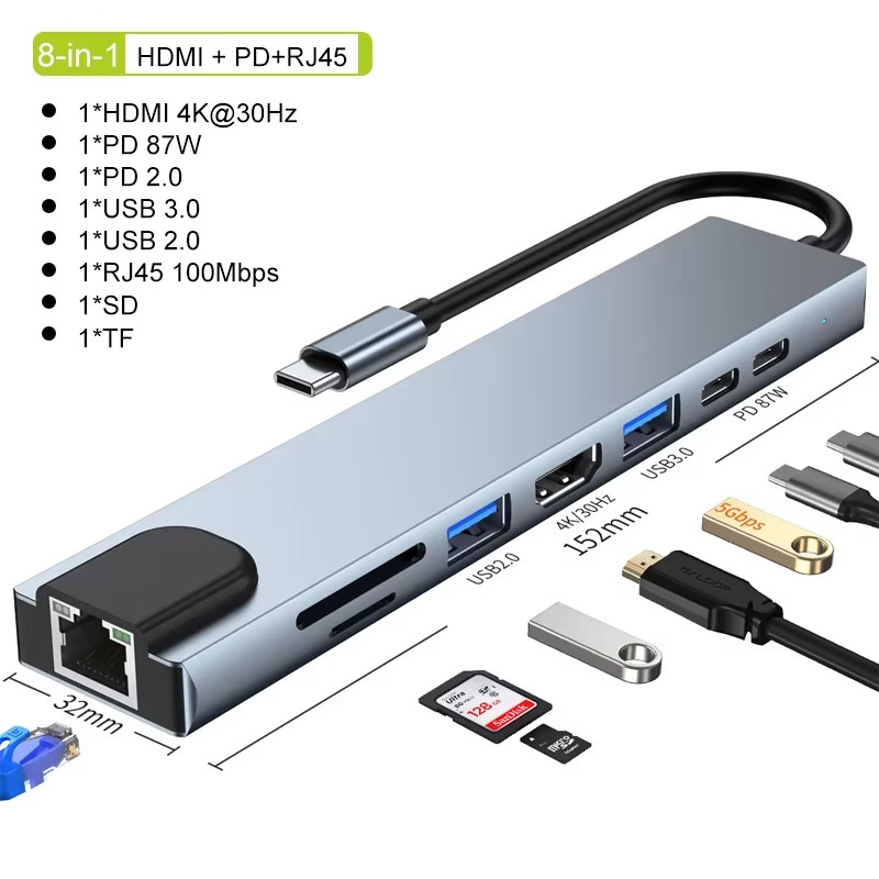 8 in1 Type C to USB-C 4K HDMI USB 3.0 Hub Adapter Cable Lead For MacBook Samsung
