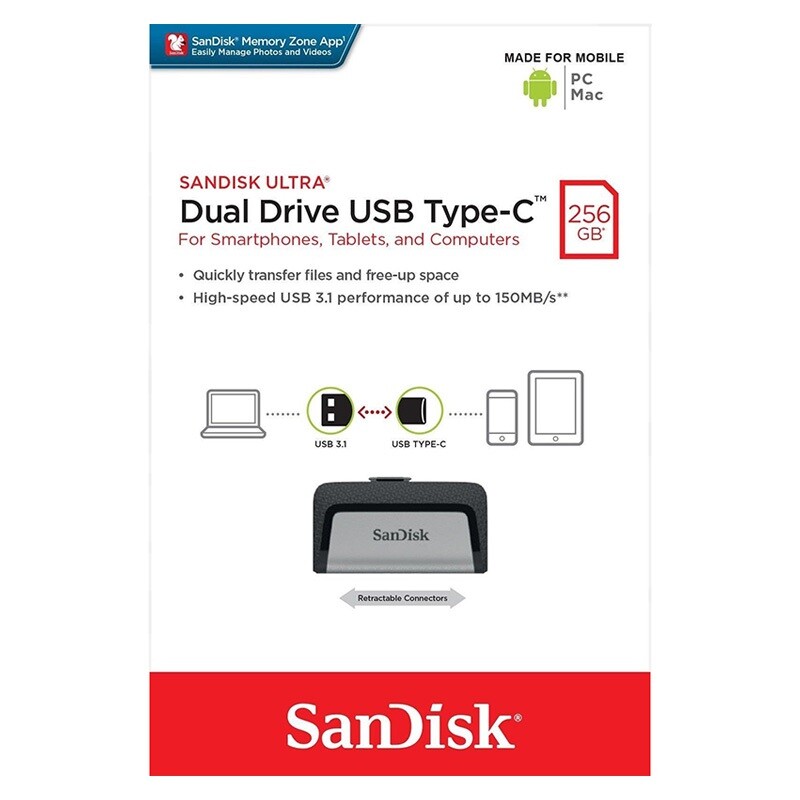 SanDisk Ultra 256GB Dual USB 3.1 Type-C Reversible Flash Drive Stick 150MB/s-UK