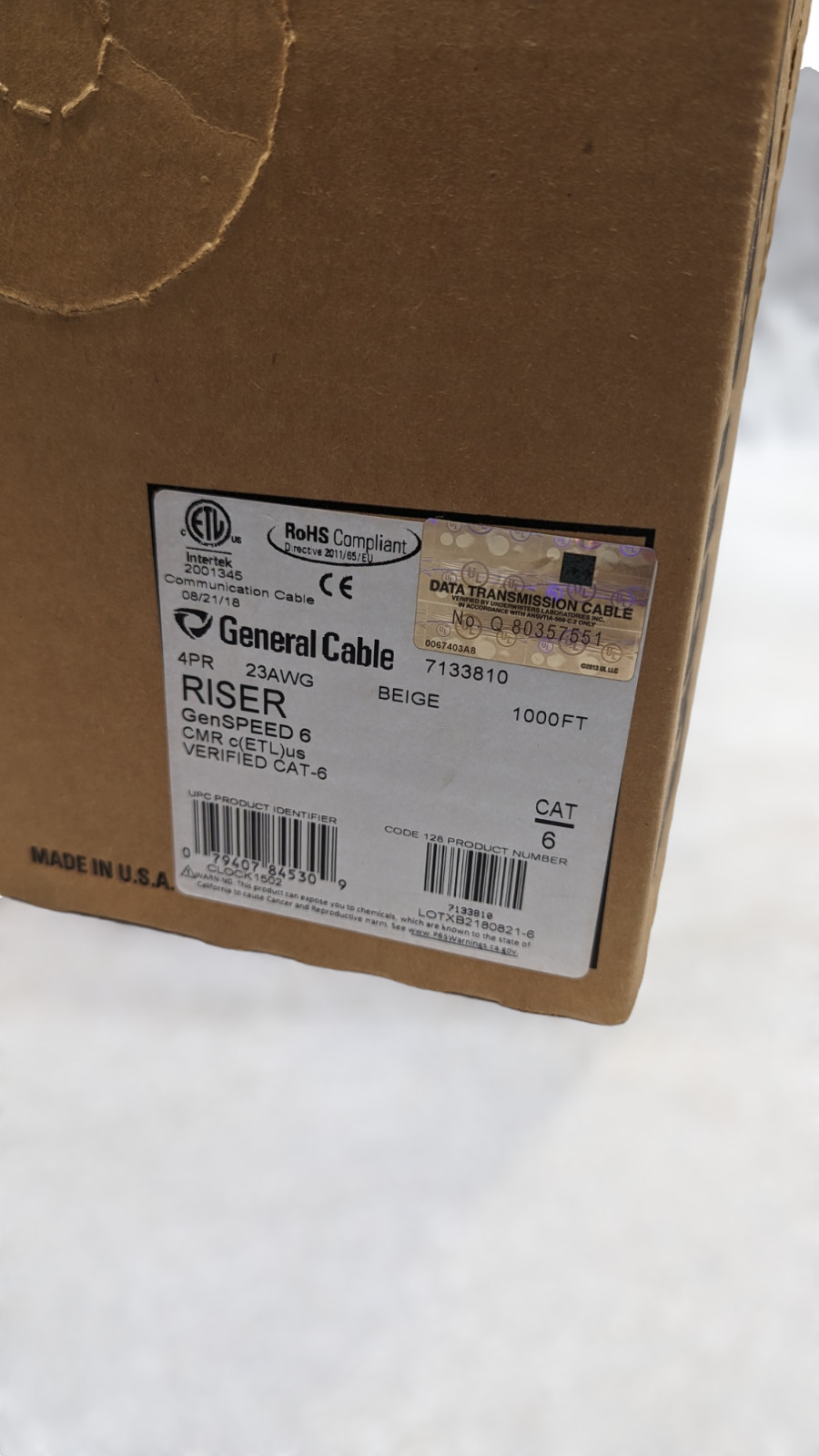 General Cable GenSPEED 6 Riser UTP Cable Cat 6A 23 AWG CMR – 1000ft
