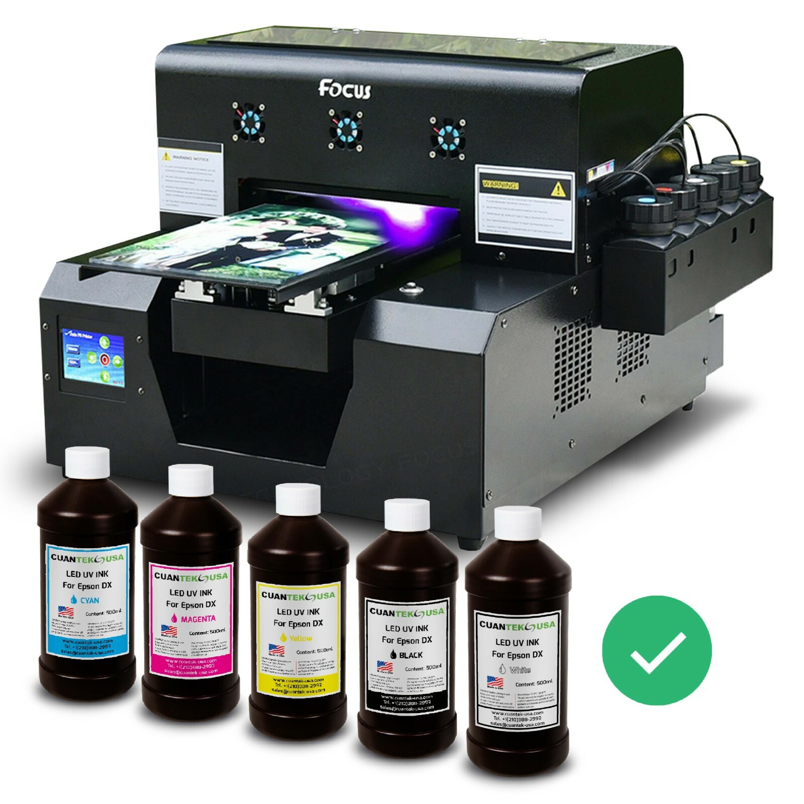 UV LED Inks 5 x 500ml CMYKW for Epson i3200 DX5 DX7 XP600 L800 DTF – MADE IN USA