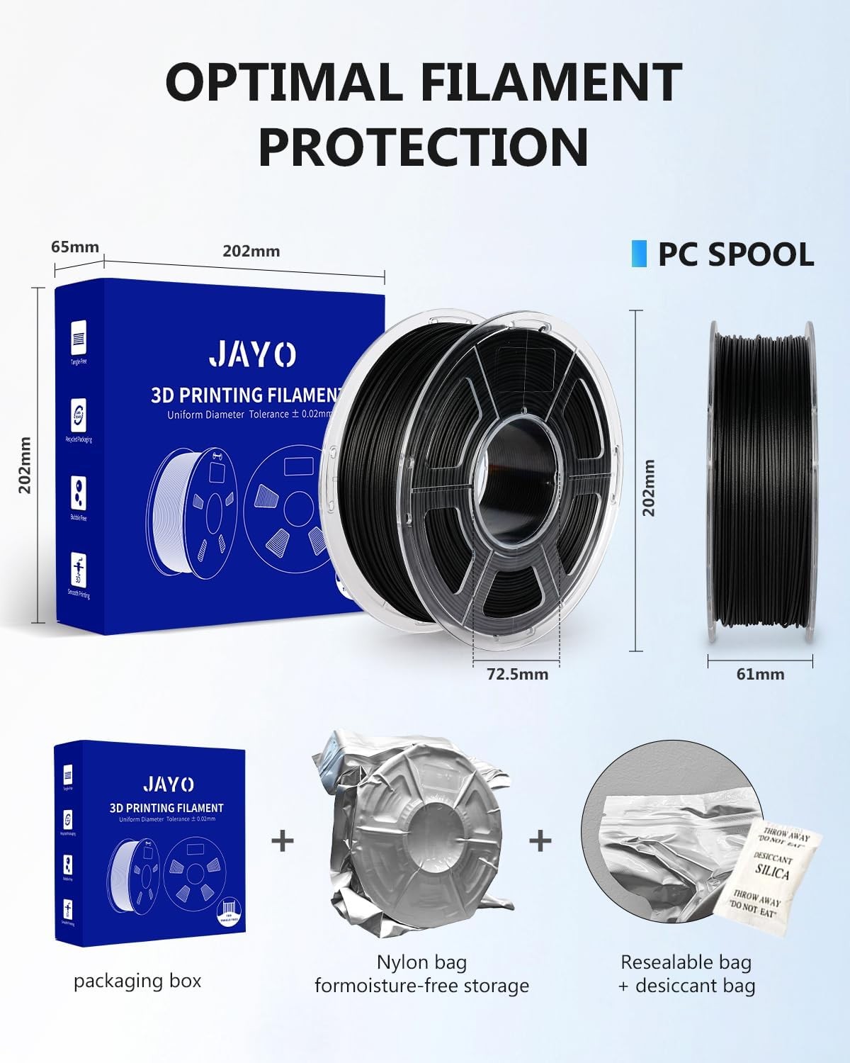 JAYO Black PA6-CF/PA12-CF/PA6-GF 3D Printer Engineering Filament 1.75mm 1KG