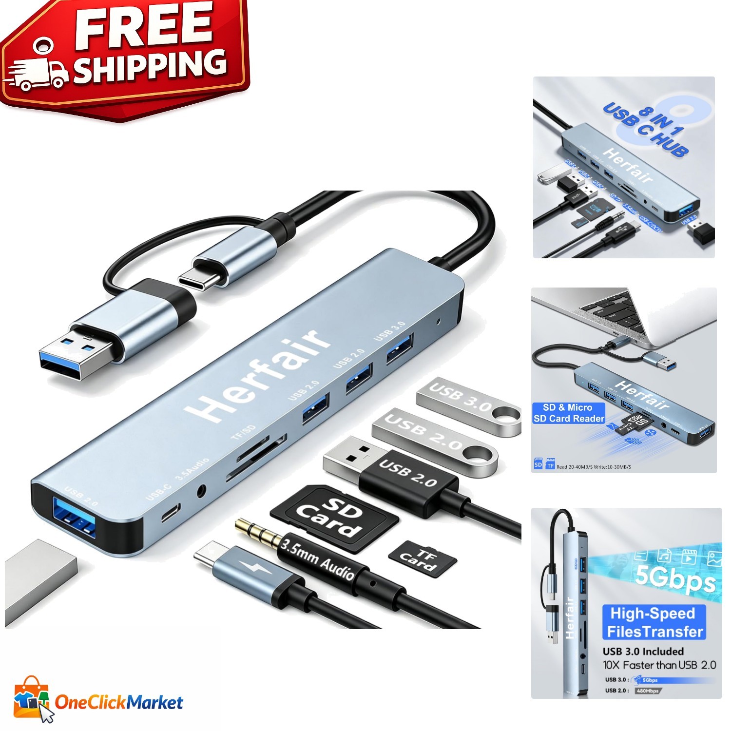 Plug-and-Play 8-Port USB Hub with High-Speed Data Transfer for Laptops/Tablets