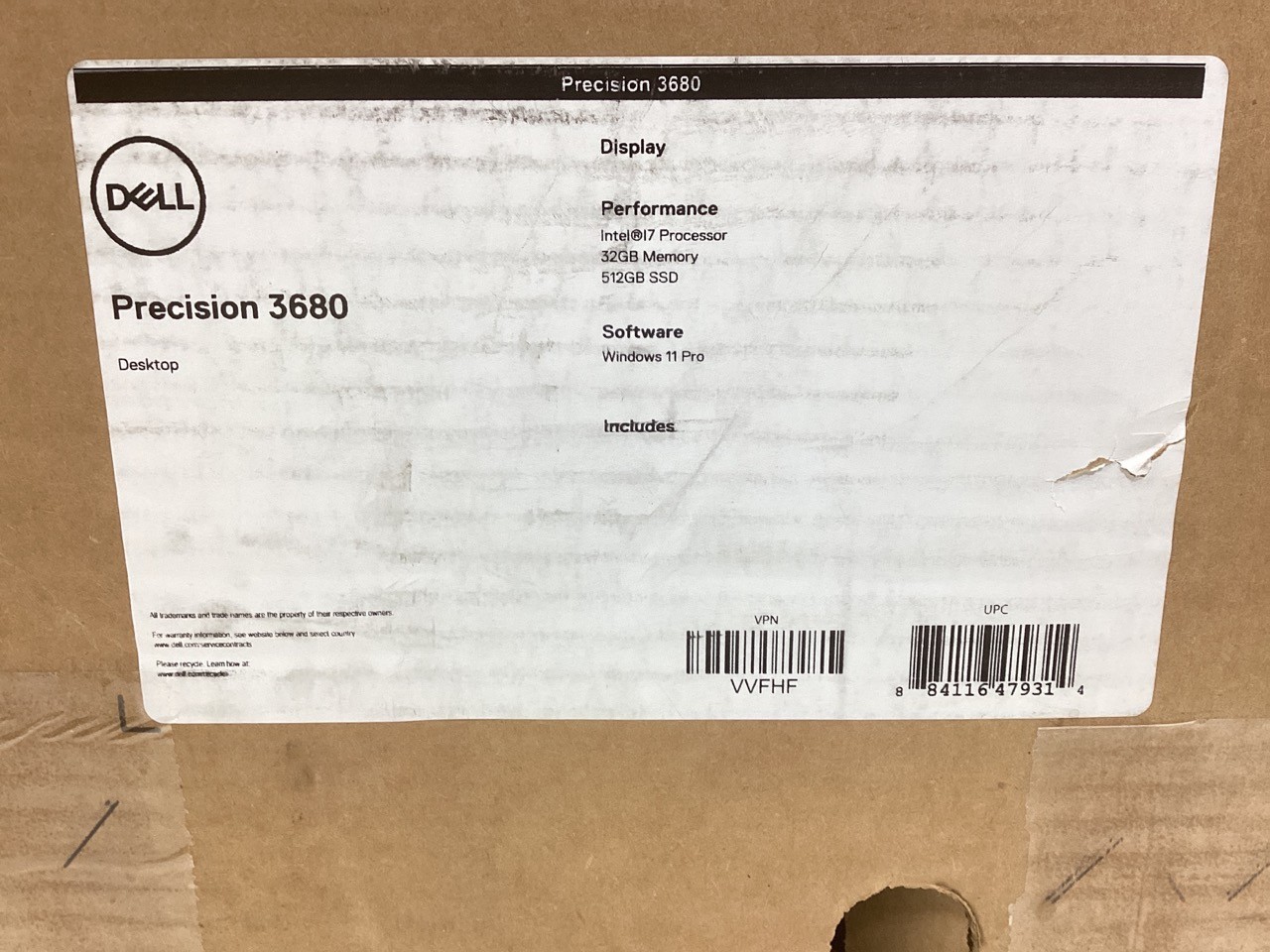 Dell Precision 3680 Tower i7-14700 2.1GHz 32GB 512GB RTX 2000 ada W11P – VVFHF
