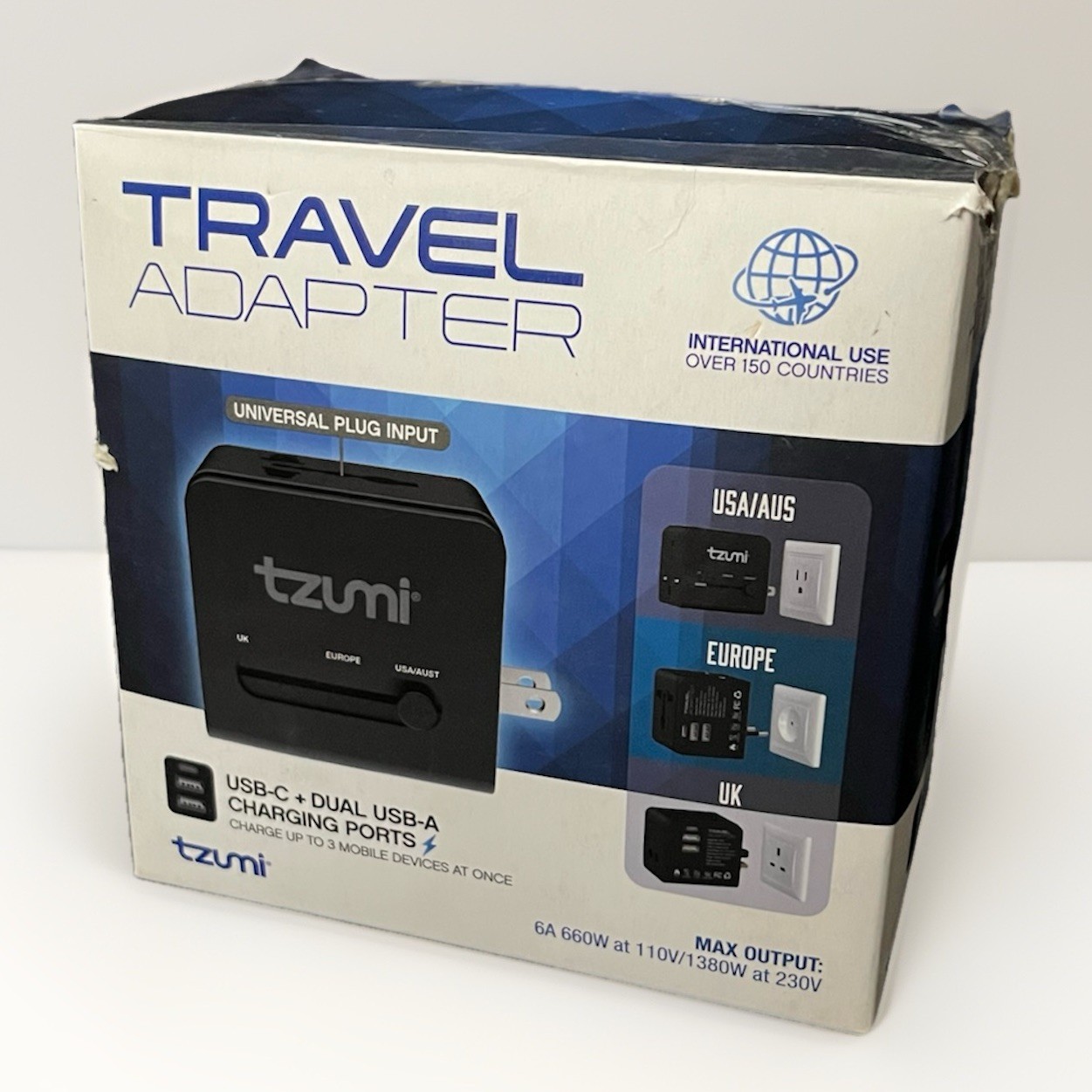 Tzumi 8481HD Dual USB & USB-C Travel Adapter Universal Charger New, Open Box