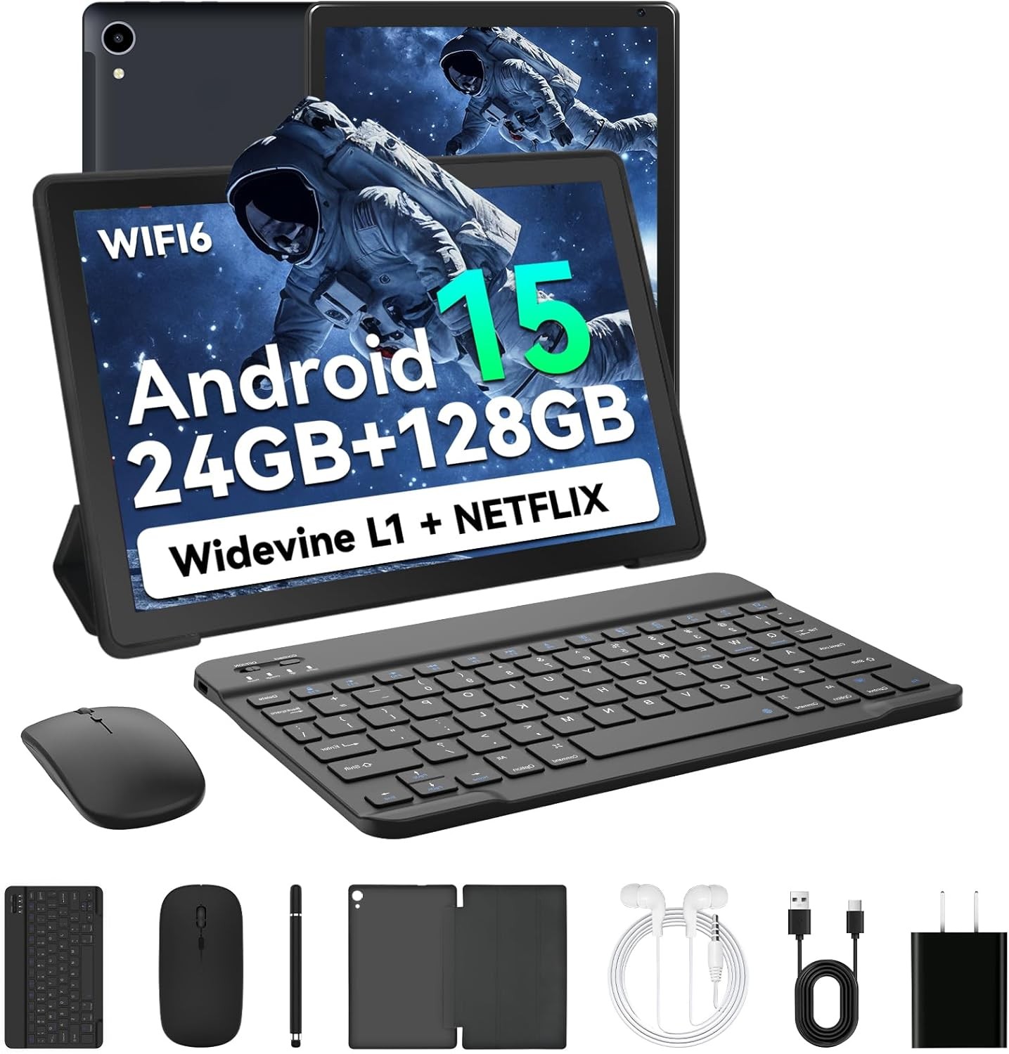 AEEZO 10.1 inch Android 15 Tablets HD Touchscreen Octa-Core 24+128GB Dual Camera