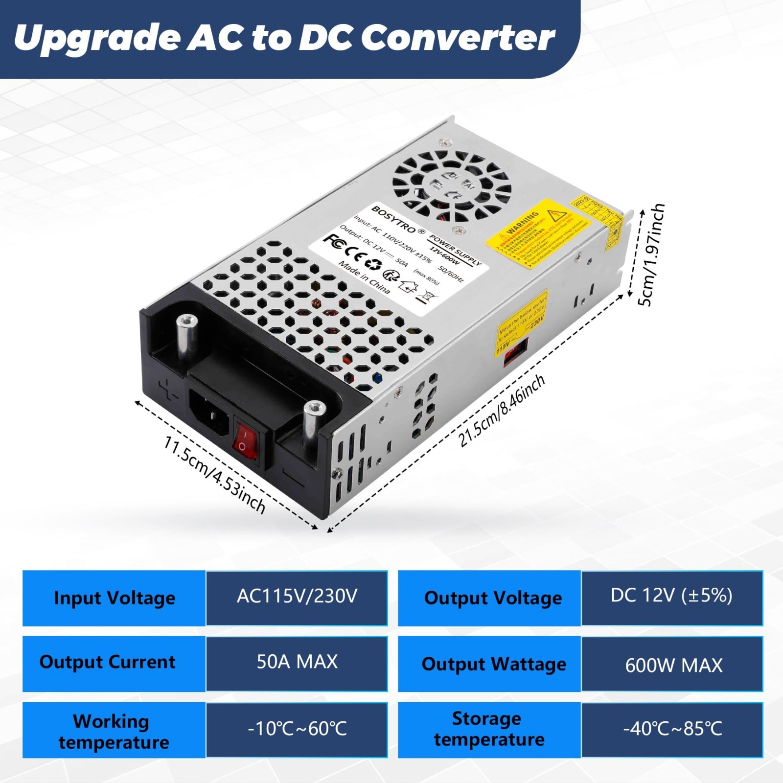 600W 12V DC Power Supply Converter – 50A Switching Transformer for 3D Printer, L