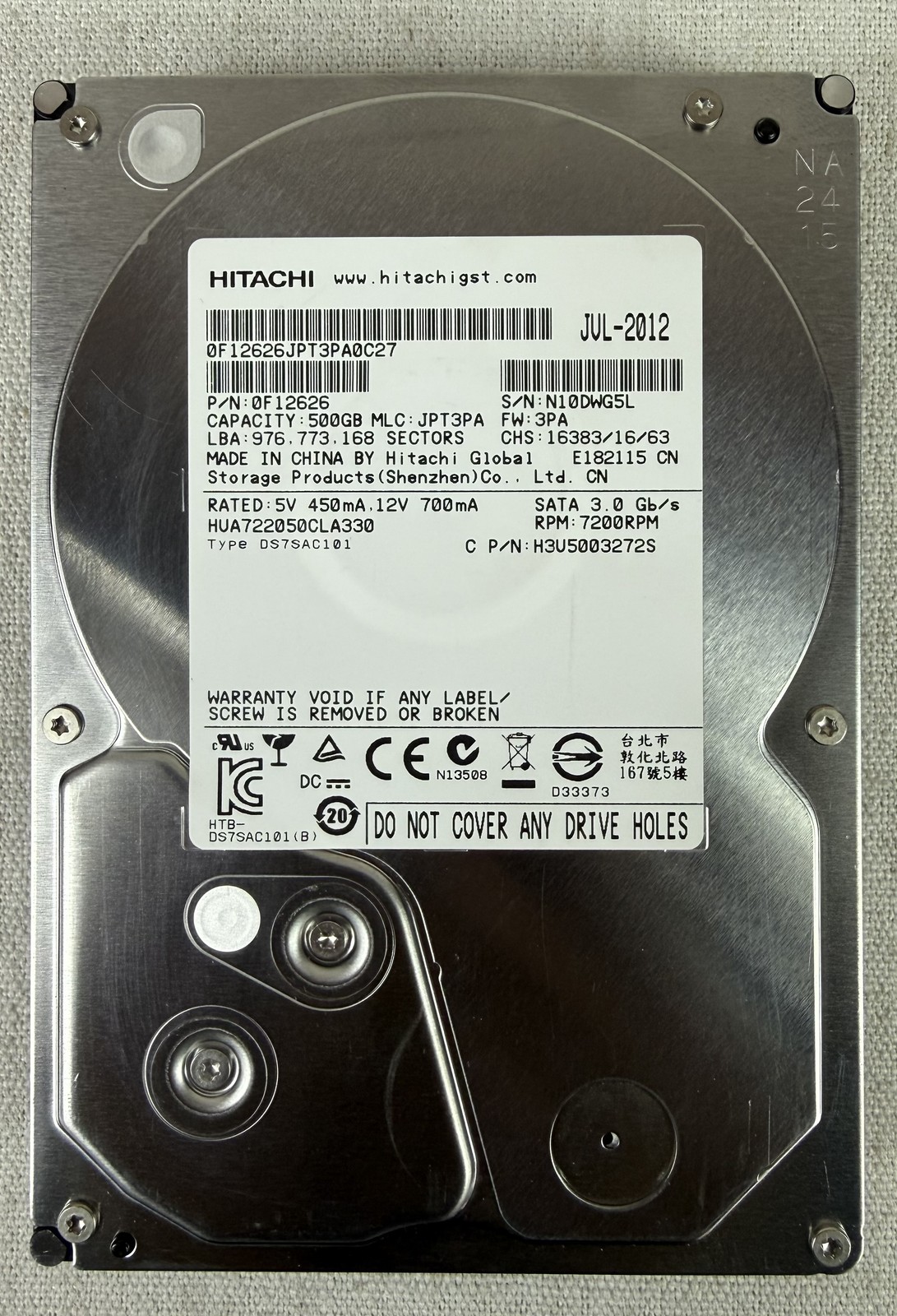Isilon 0F12626 500GB 7.2K SATA 3.0GB/S HDD HUA722050CLA330