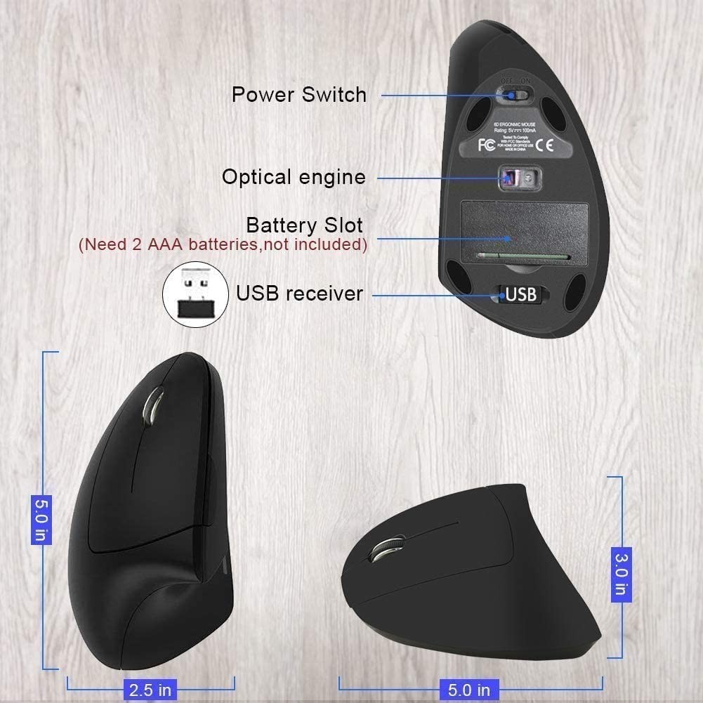 Ergonomic LeftHanded Wireless Vertical Mouse 2.4G 800/1200/1600 DPI Optical
