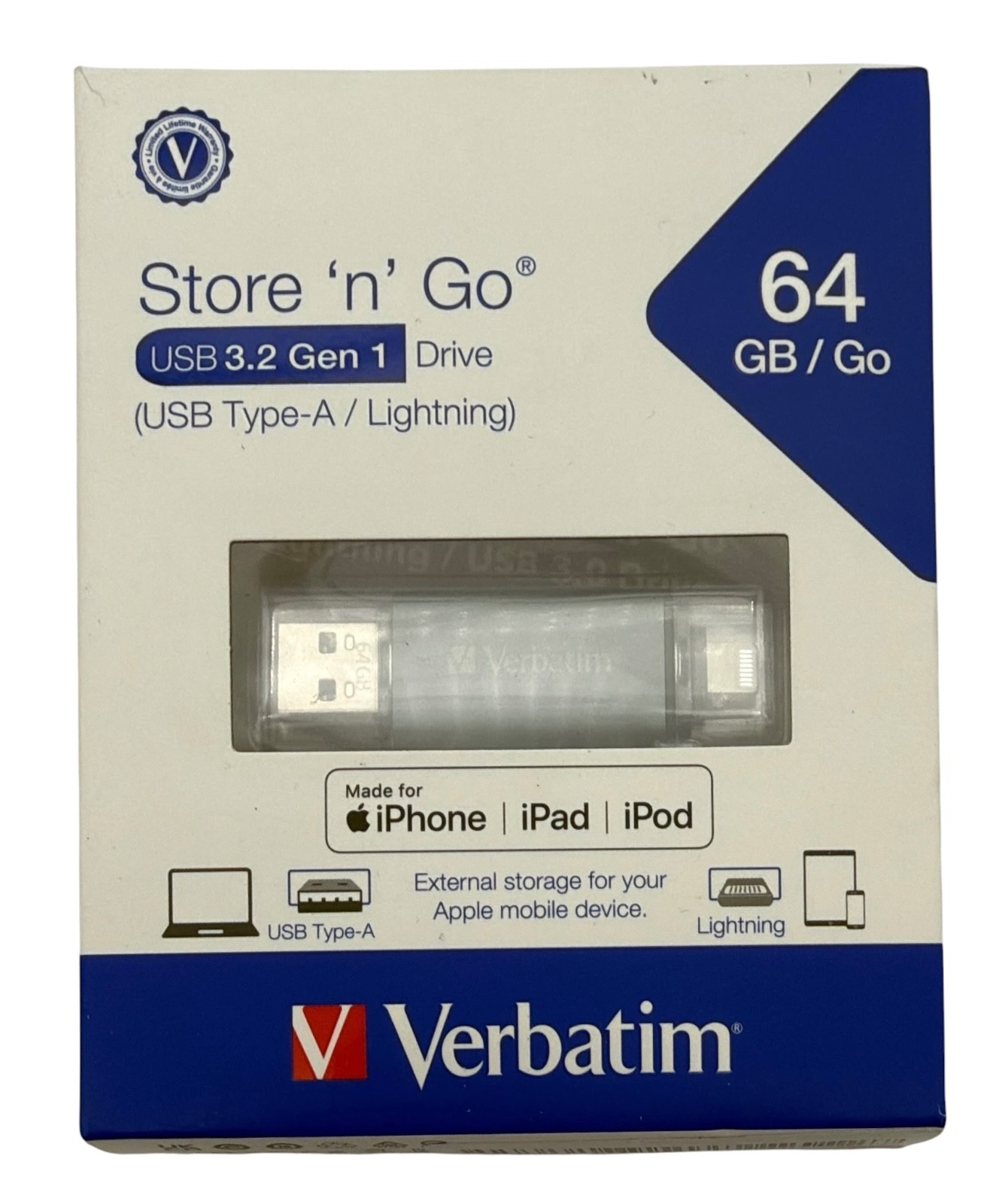 Verbatim Store ‘n’ Go 64 GB USB Type-A Lightning Flash Drive iPhone NEW Open Box