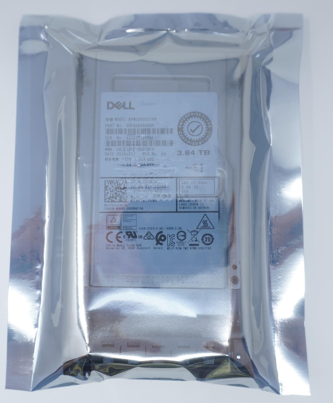 91W3V Dell 3.84TB SAS 2.5″ 12G MU SSD KPM5XVUG3T84 For Server R230 R330 R430