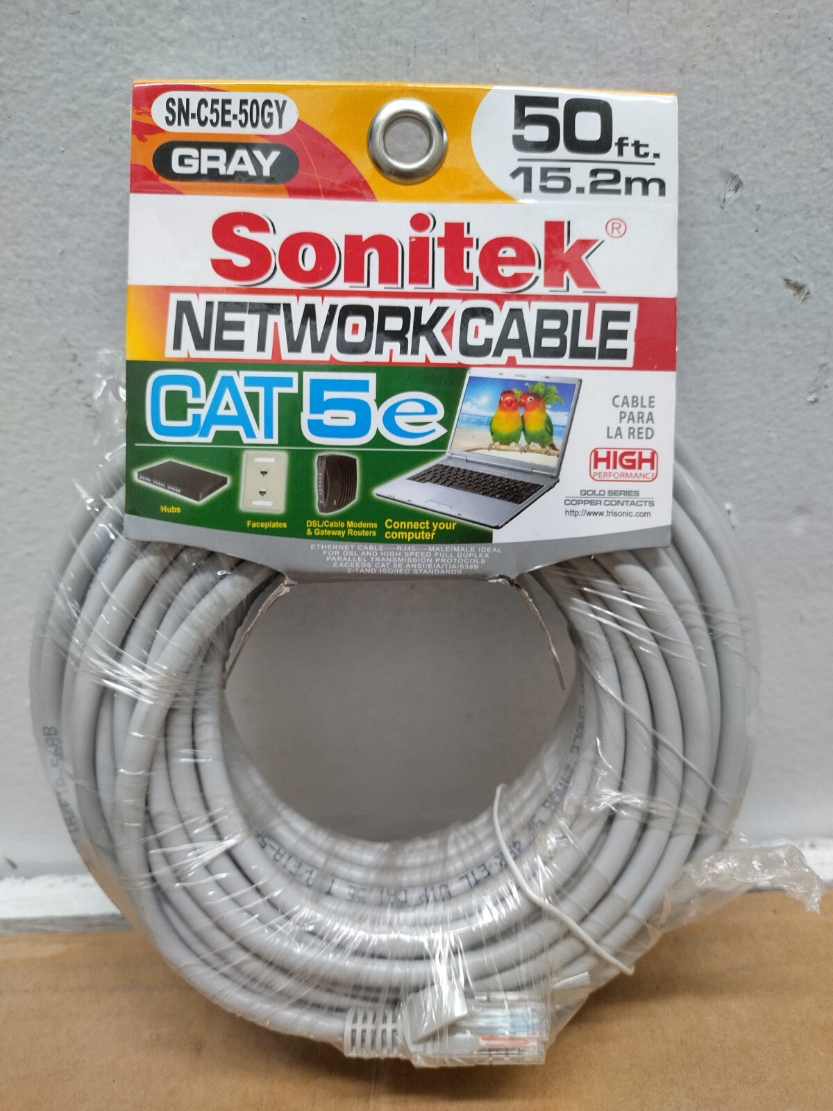 Sonitek 50 Ft. Gray Gold Plated Copper Contacts CAT-5E Computer Networking Cable