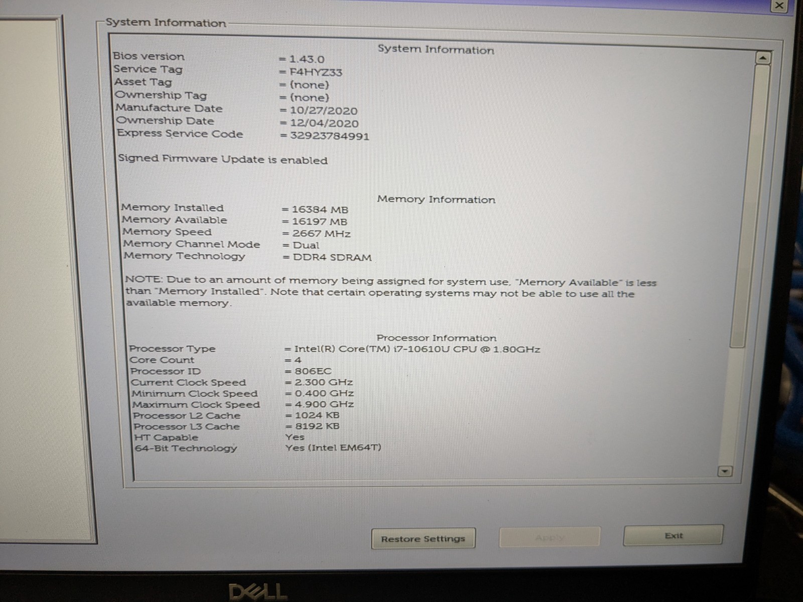 DELL LATITUDE 7410, Intel Core i7-10610U, 1.80 GHz, 16 GB RAM, 256 GB M.2