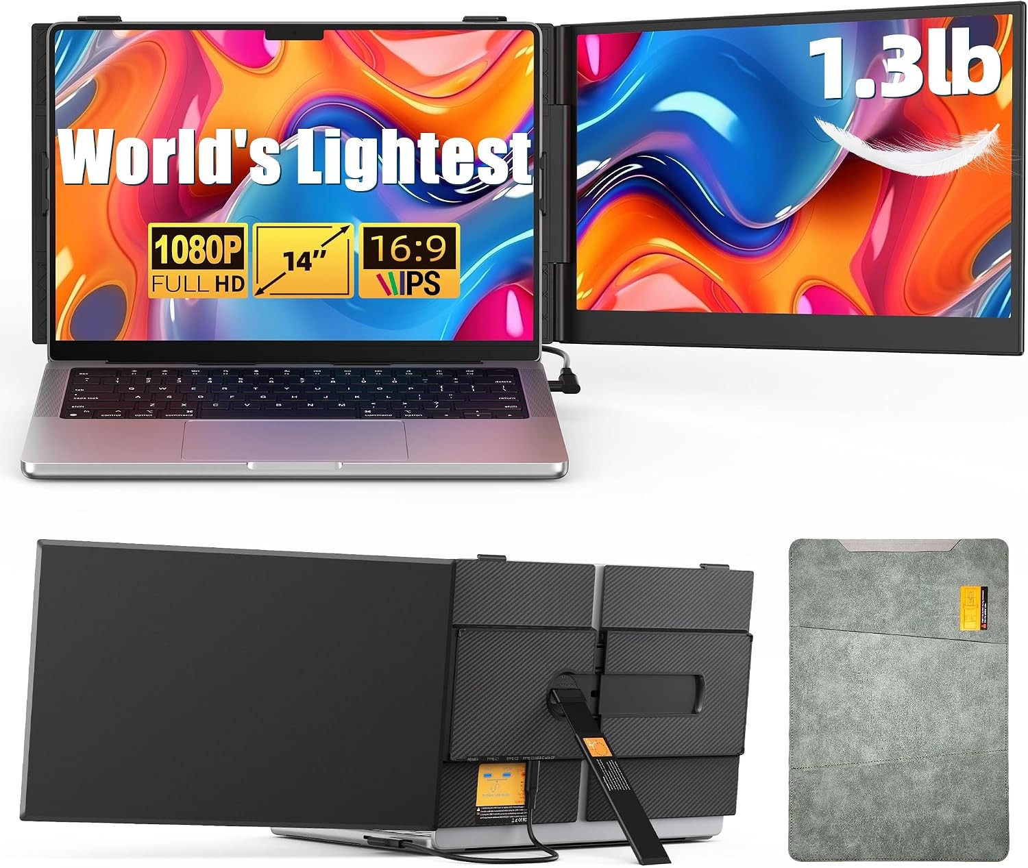 14″ FHD Dual Laptop Screen Extender – Ultra Thin Portable Monitor, 1.3lbs
