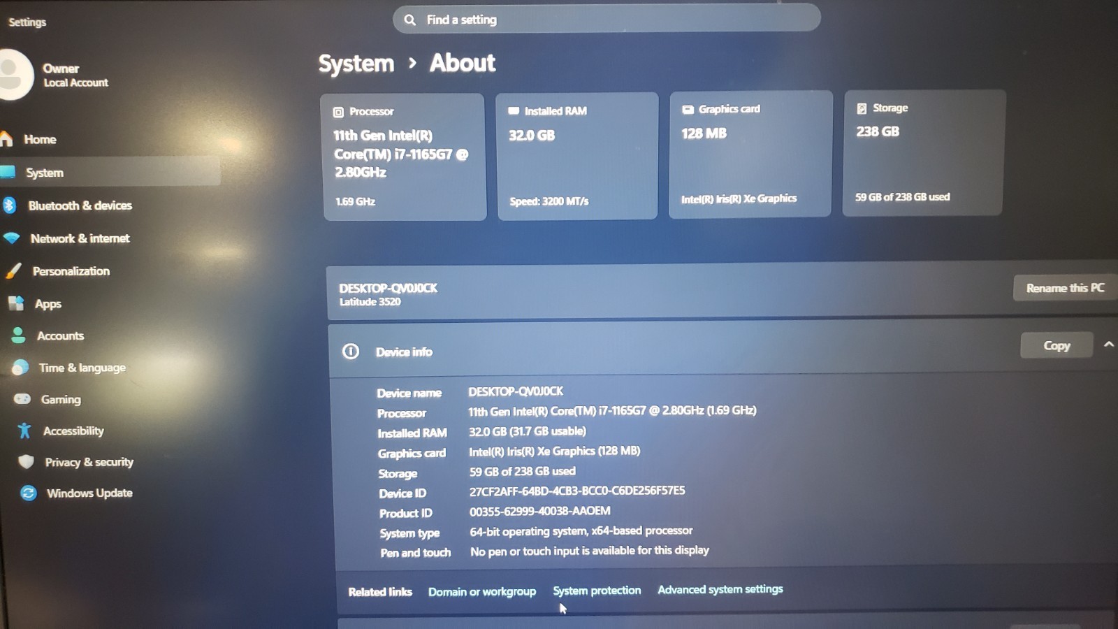 Dell Latitude 3520 Intel Core i7-1165G7 32GB RAM 256 NVME