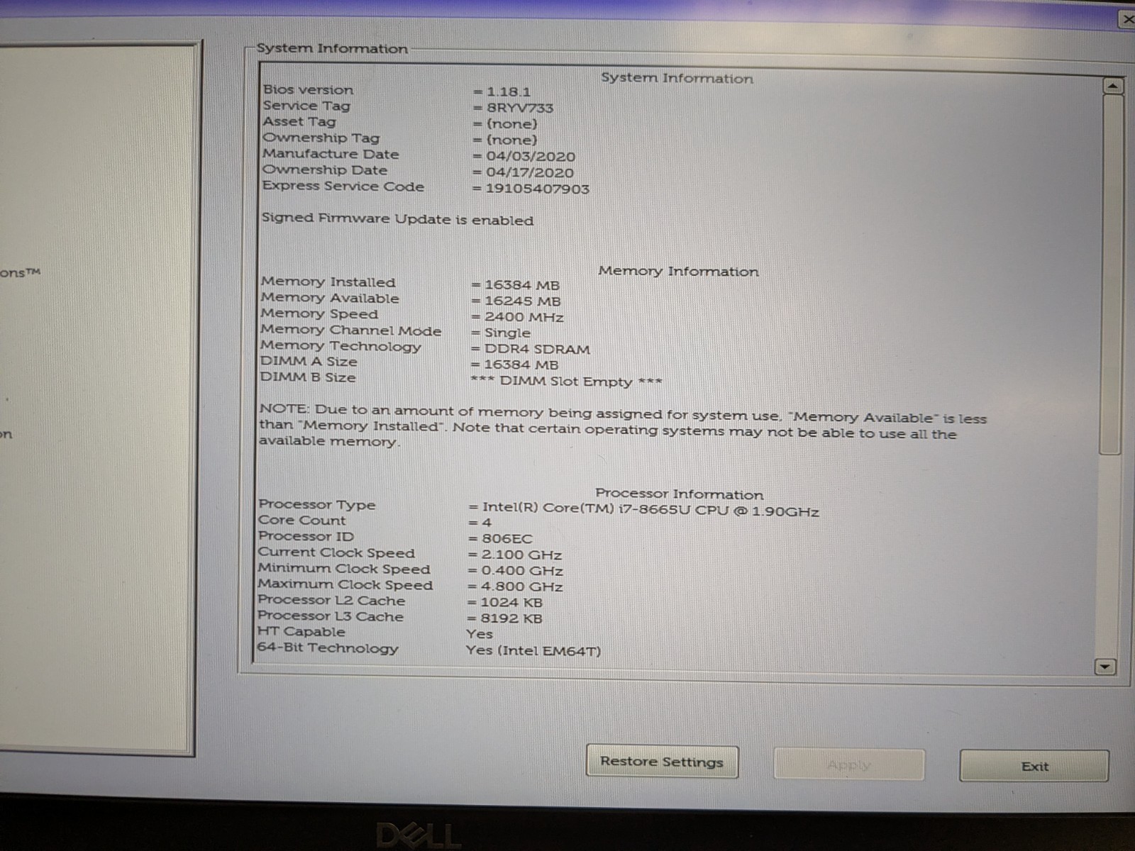 DELL LATITUDE 7400, Intel Core i7-8665U, 1.90 GHz, 16 GB, 256 GB M.2
